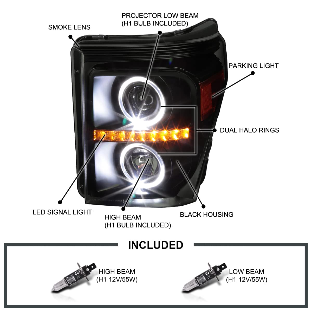 Spec-D Black Smoke Halo LED Headlights for 2011-2016 Ford F250/F350 - Off-Road & Night Driving