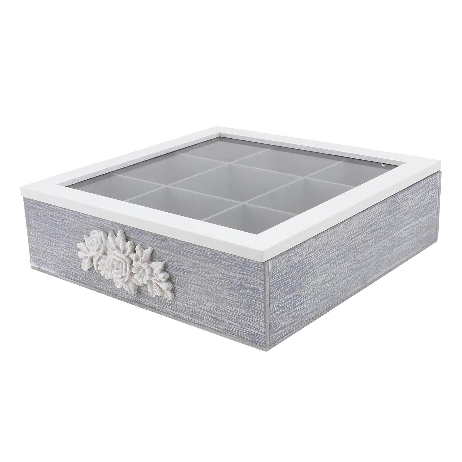 DOITOOL 9-Compartment Wooden Tea Storage Box - Vintage Rose Decor Organizer for Tea Bags, Sugar, Jewelry & Home Organization - Perfect for Kitchen, Pantry, Bathroom & Office Desk Decor