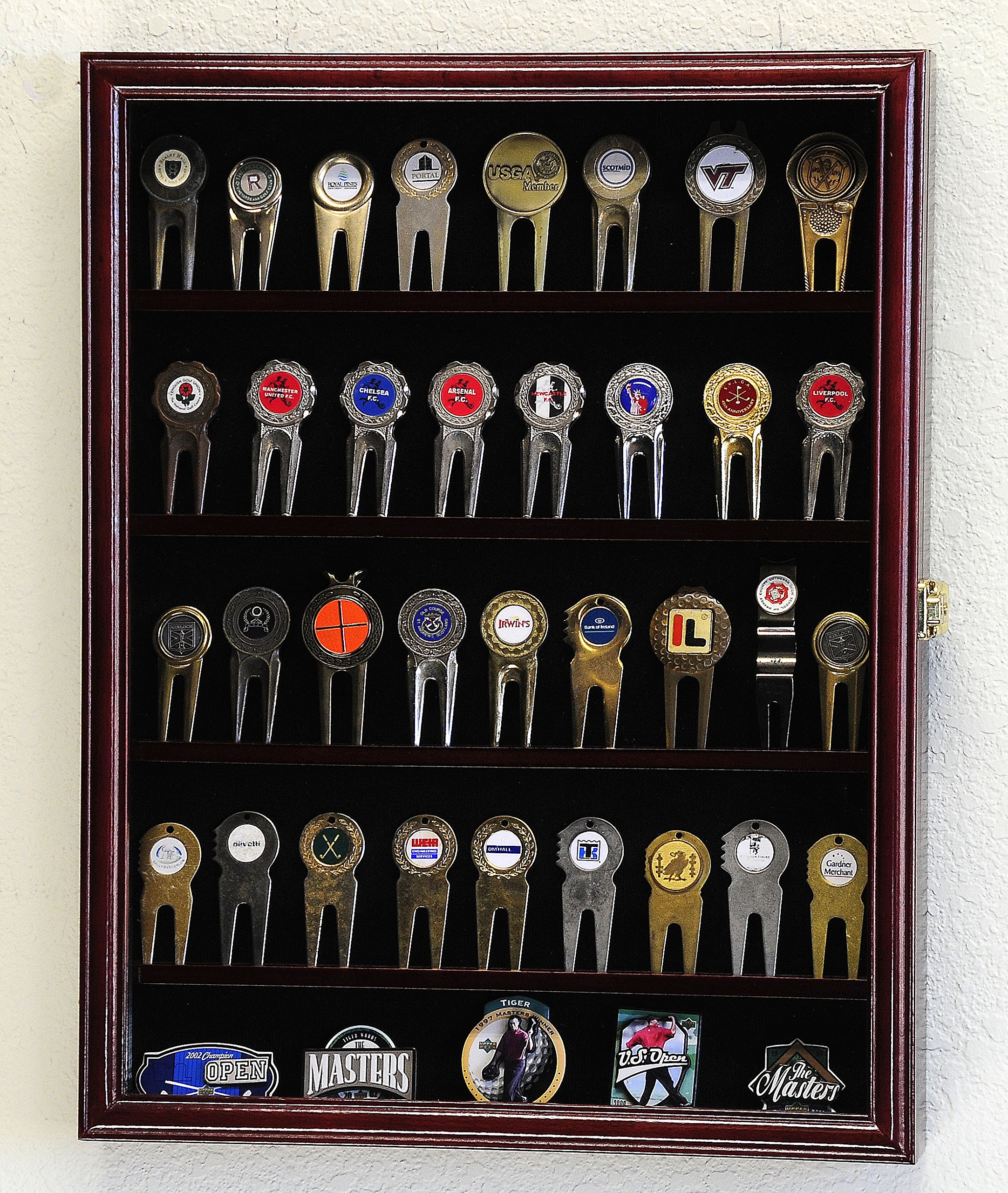 Premium Golf Ball Divot Tool & Marker Display Case - Cherry Finish Wooden Cabinet for Collectors - Perfect for Home, Office, or Clubhouse Decor