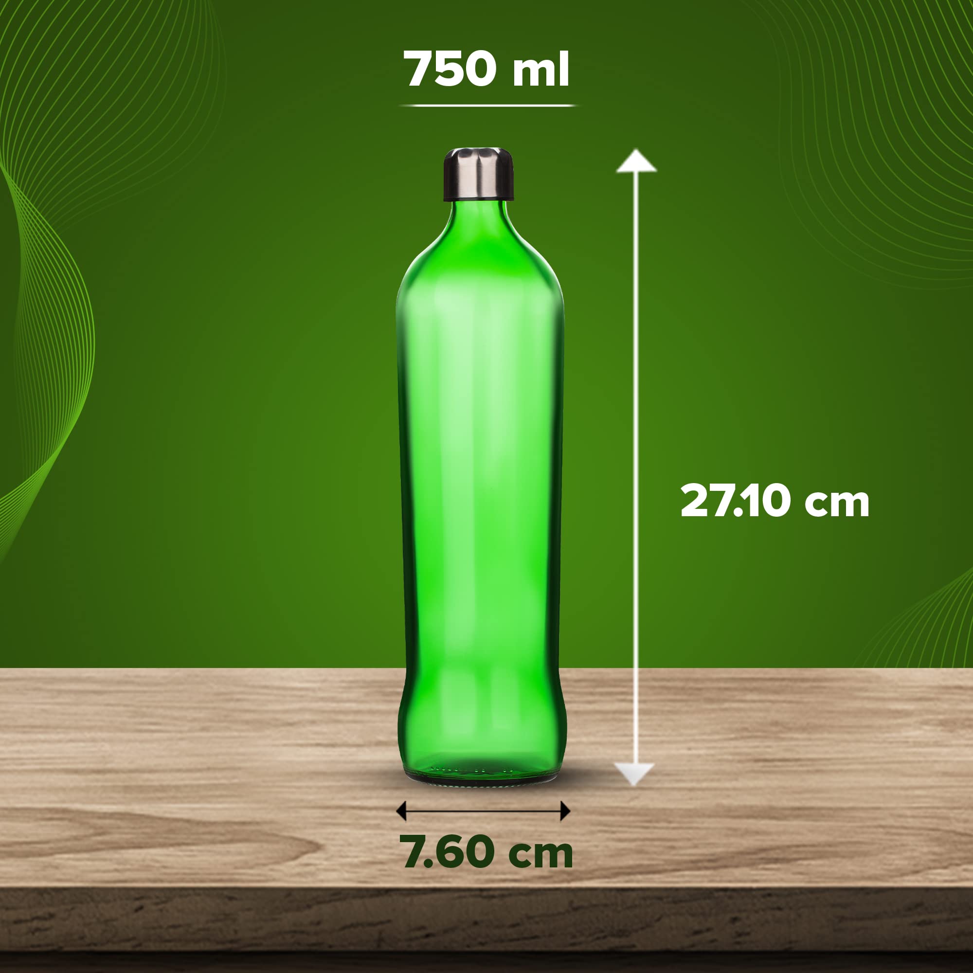 750ml Green Glass Water Bottle with Leak-Proof Stainless Steel Lid - Reusable Travel Drink Bottle for Water, Smoothies, Juice | Eco-Friendly, BPA-Free | Perfect for Gym, Hiking, Office & Daily Hydration