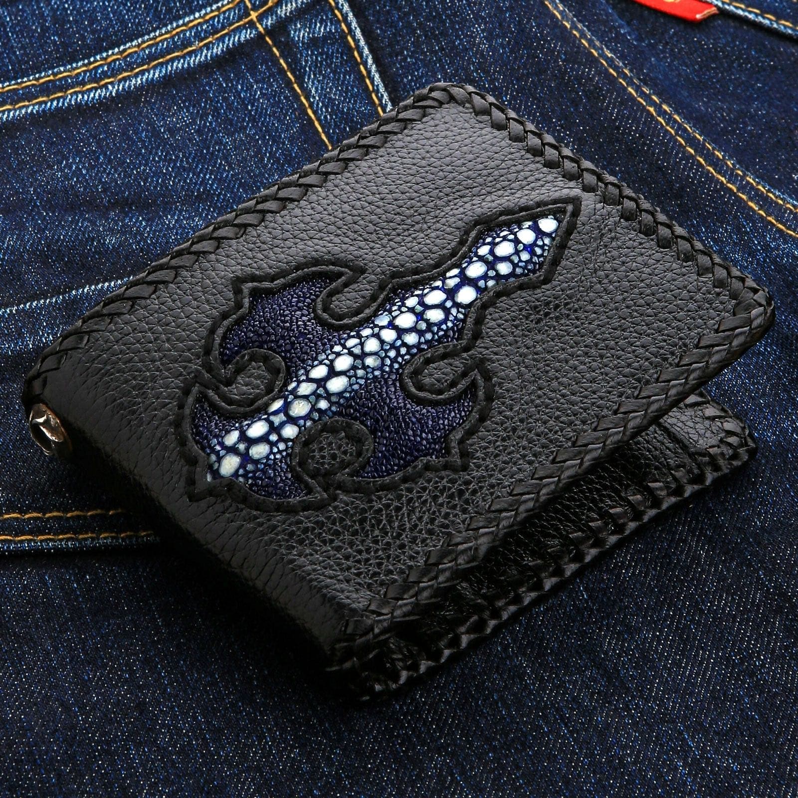 Genuine Exotic Blue Stingray Leather Biker Wallet for Men - Stylish Cross Design, RFID Protection - Perfect for Motorcycle Riders & Everyday Use