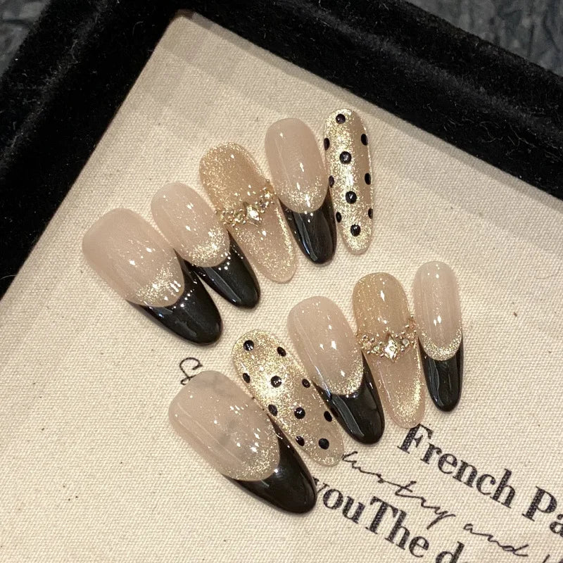 10Pcs Rhinestone Cat Eye Press on False Nails - Glitter French Fake Nails with Tools, Handmade Almond Full Cover Nail Art - Perfect for Parties, Weddings, and Special Occasions