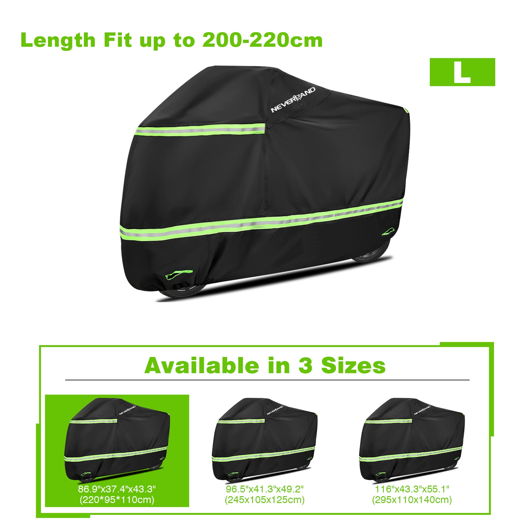 NEVERLAND Heavy Duty Waterproof Motorcycle Cover with Night Reflective & Lock Holes - All Season Outdoor Protection for Scooters & Bikes Up to 86