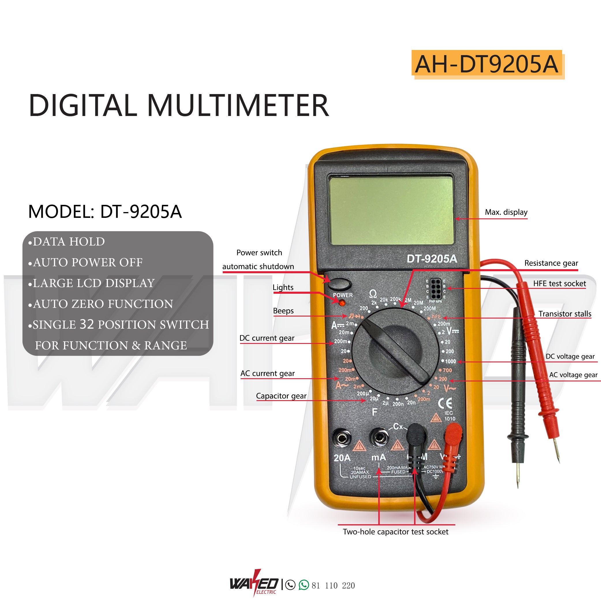 DT9205A Digital Multimeter - Professional Auto-Ranging Multimeter for Home, Car, and Electronics Repair | Voltage, Current, Resistance Tester | Ideal for Electricians, DIYers & Engineers