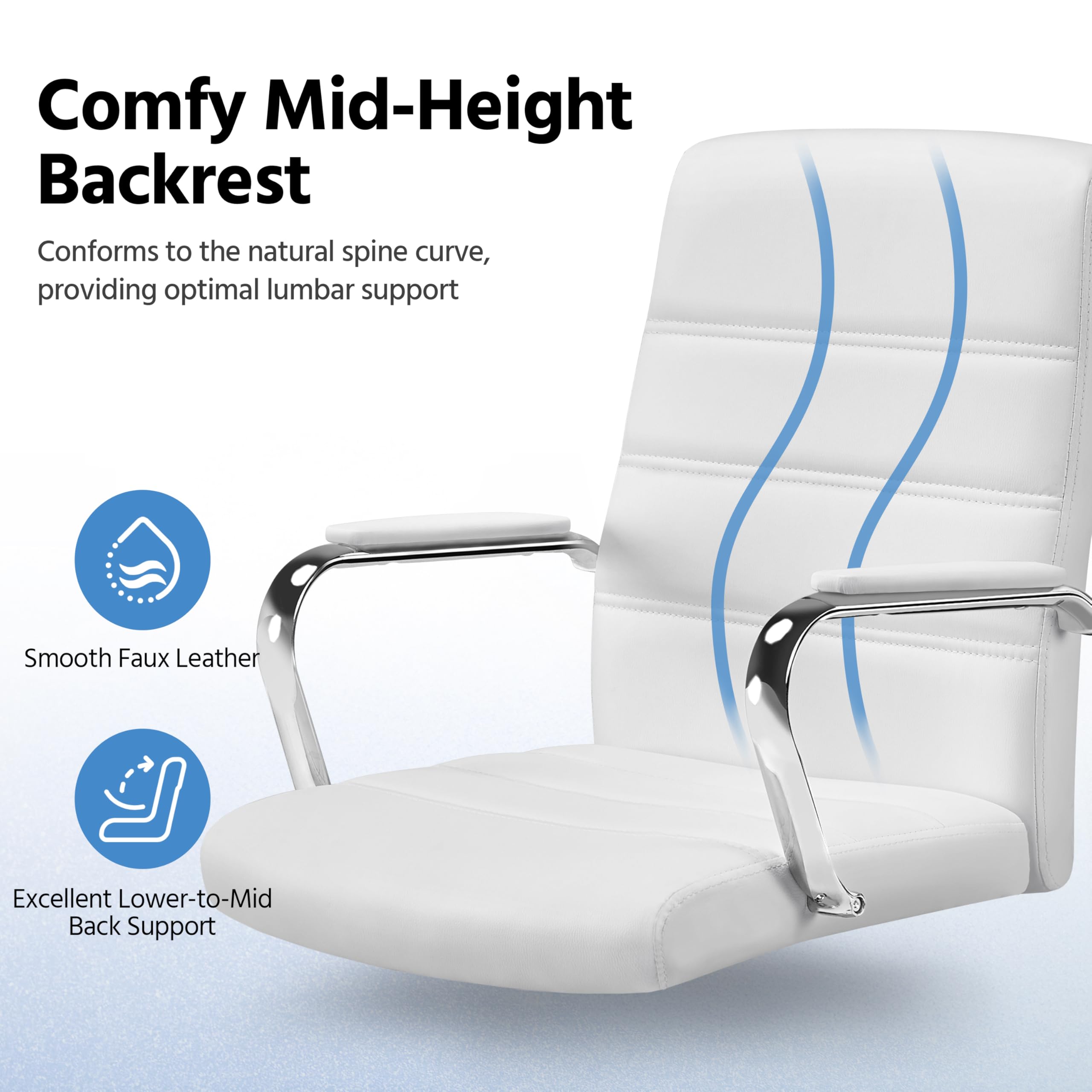 Yaheetech Ergonomic Office Chair - Mid Back Leather Computer Desk Chair with Adjustable Height, Lumbar Support, Thick Padded Seat & Armrests - Comfortable Executive Chair for Home Office, Gaming, and Workspace (White)
