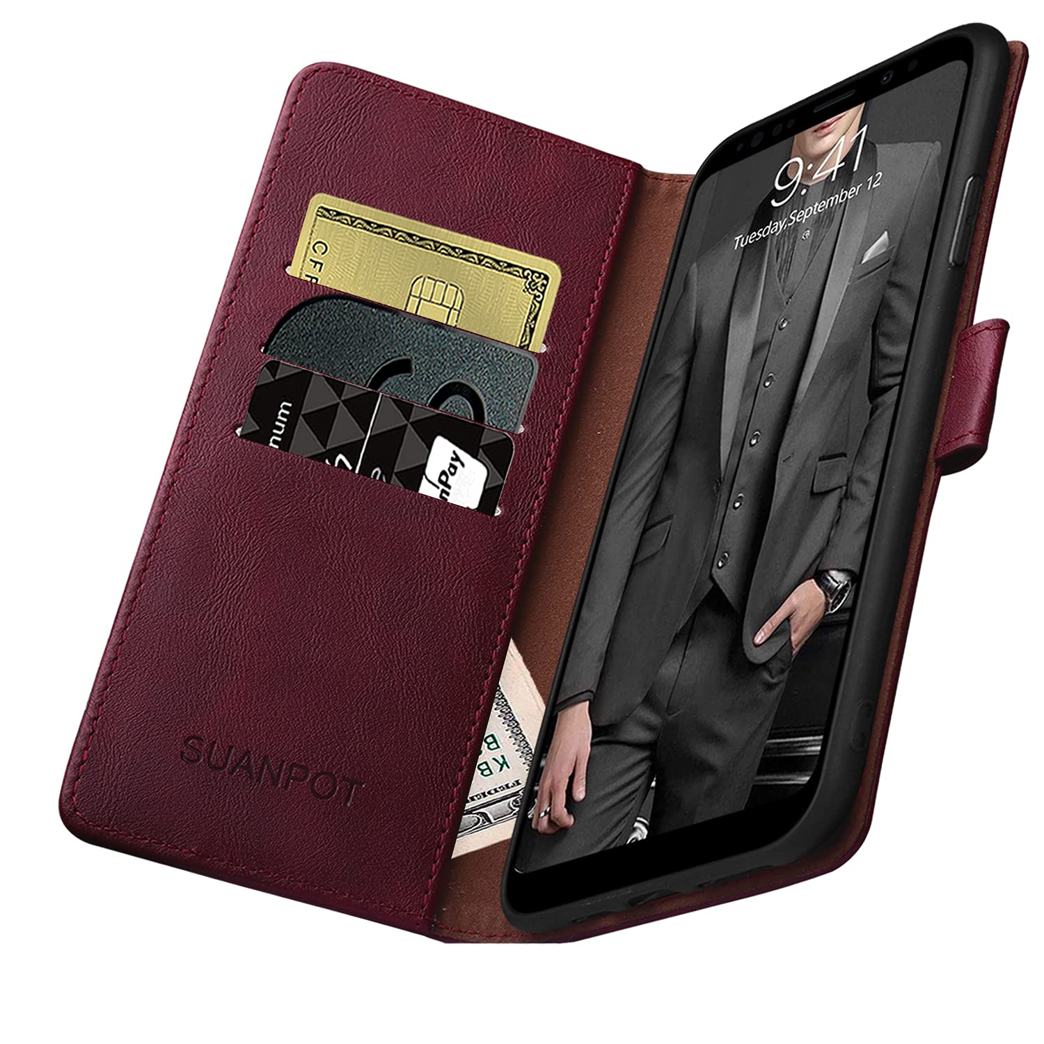 SUANPOT RFID Wallet Case for Samsung Galaxy S9 - Shockproof Leather Cover with Card Holder (Wine Red) for Daily Use