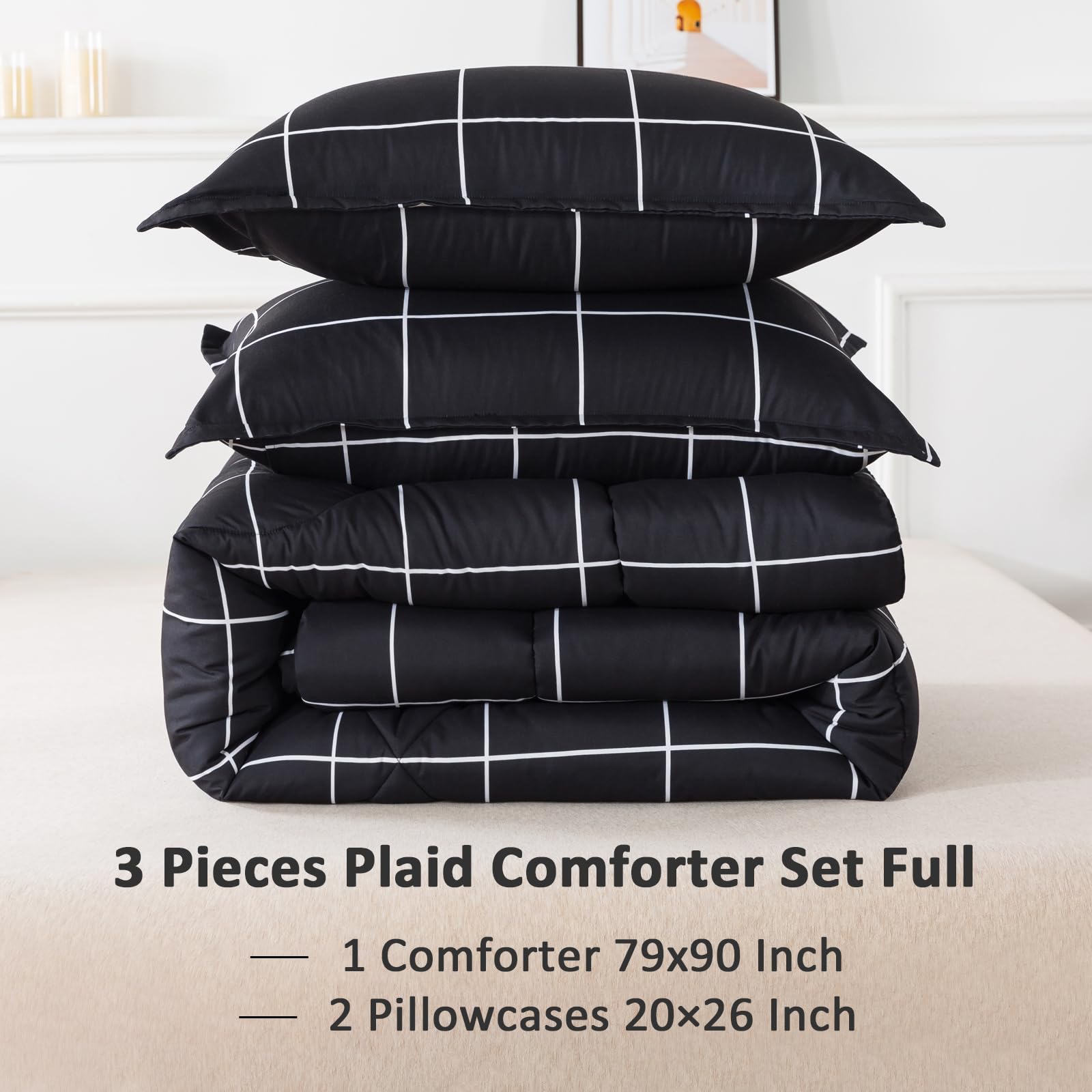 Andency Black Full Size 3-Piece Comforter Set - Plaid Grid Microfiber Bedding for Boys & Kids | All-Season Soft Lightweight Geometric Bedding Set | Perfect for Kids' Rooms, Dormitories & Guest Bedrooms