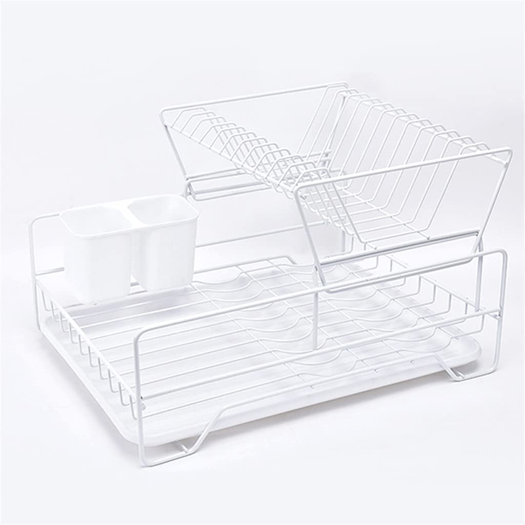 CCBUY Double Row Stainless Steel Dish Drying Rack with Drain Board - Kitchen Countertop Organizer with Utensil Holder (White) | Space Saving for Small Kitchens & Dish Storage Solution