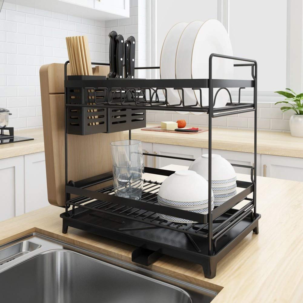 LoveHouse Stainless Steel Dish Drying Rack with Drainboard - 2-Tier Space Saving Kitchen Counter Organizer (16 inch/40cm, Black) - Perfect for Small Kitchens & Efficient Dish Drying