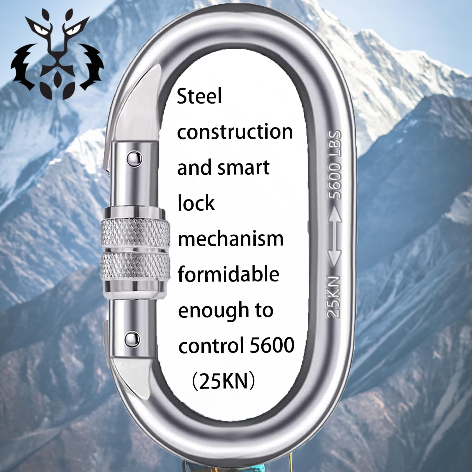 Heavy Duty Locking Carabiner Clips 25KN ASTM F1774-20 Certified - O Shaped 4.3 Inch Silver Climbing Carabiners for Rock Climbing, Rigging, Hammocks, Camping & Outdoor Adventures