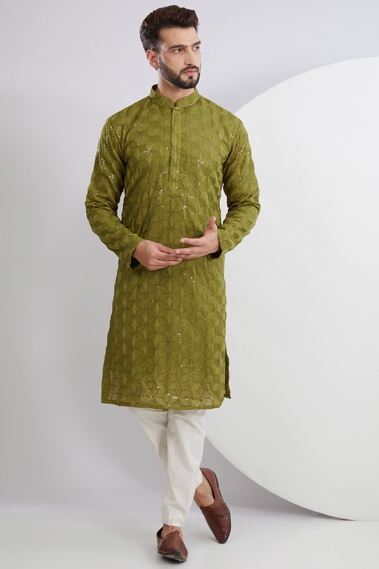 Stylish Mehndi Green Geometrically Embroidered Kurta for Women | Traditional Indian Ethnic Wear | Perfect for Festivals, Weddings & Casual Outings