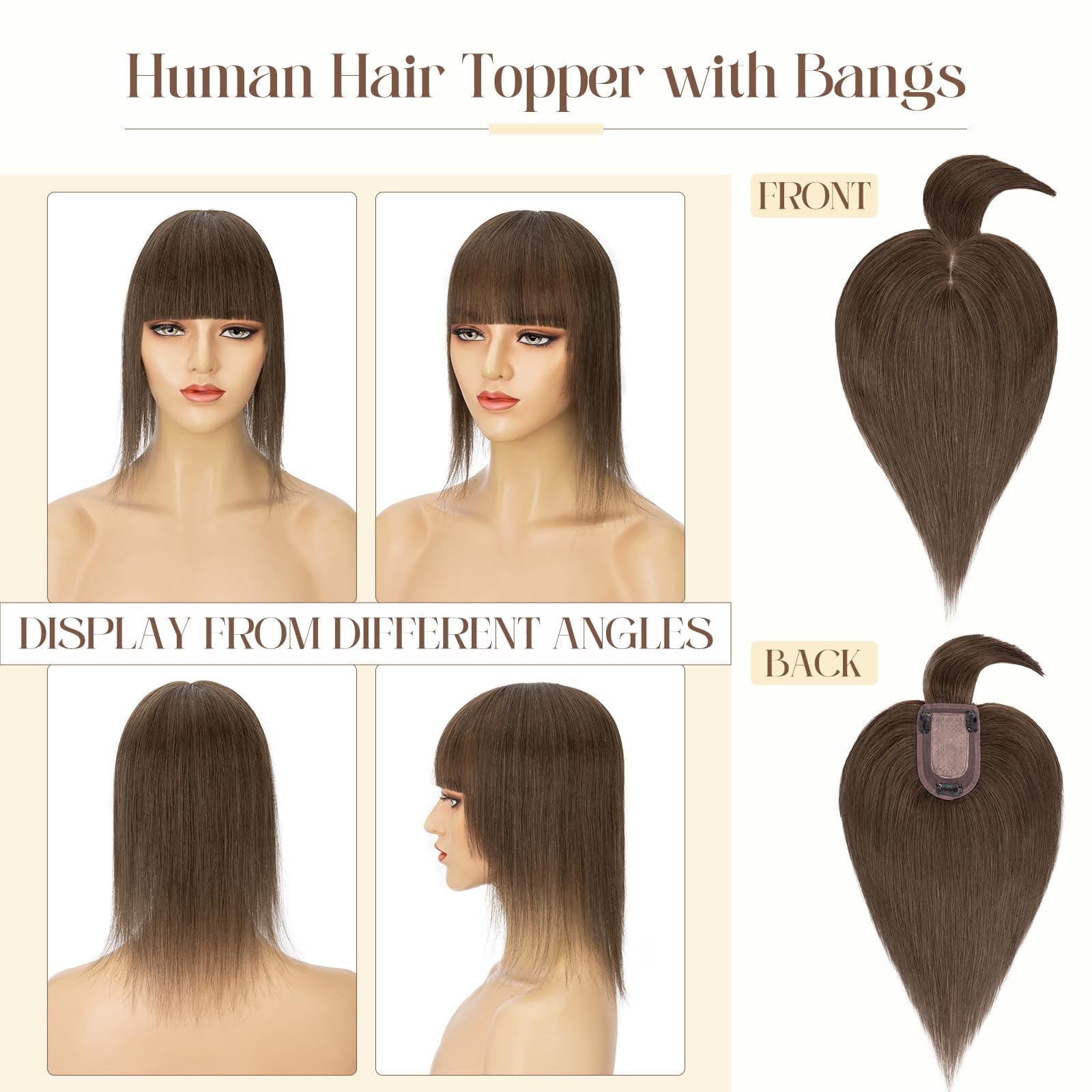 100% Remy Human Hair Toppers for Women with Bangs - 10 Inch Clip-In Hair Topper for Thinning Hair in #2R Chocolate Brown | Natural Looking Hair Replacement for Daily Wear & Special Occasions