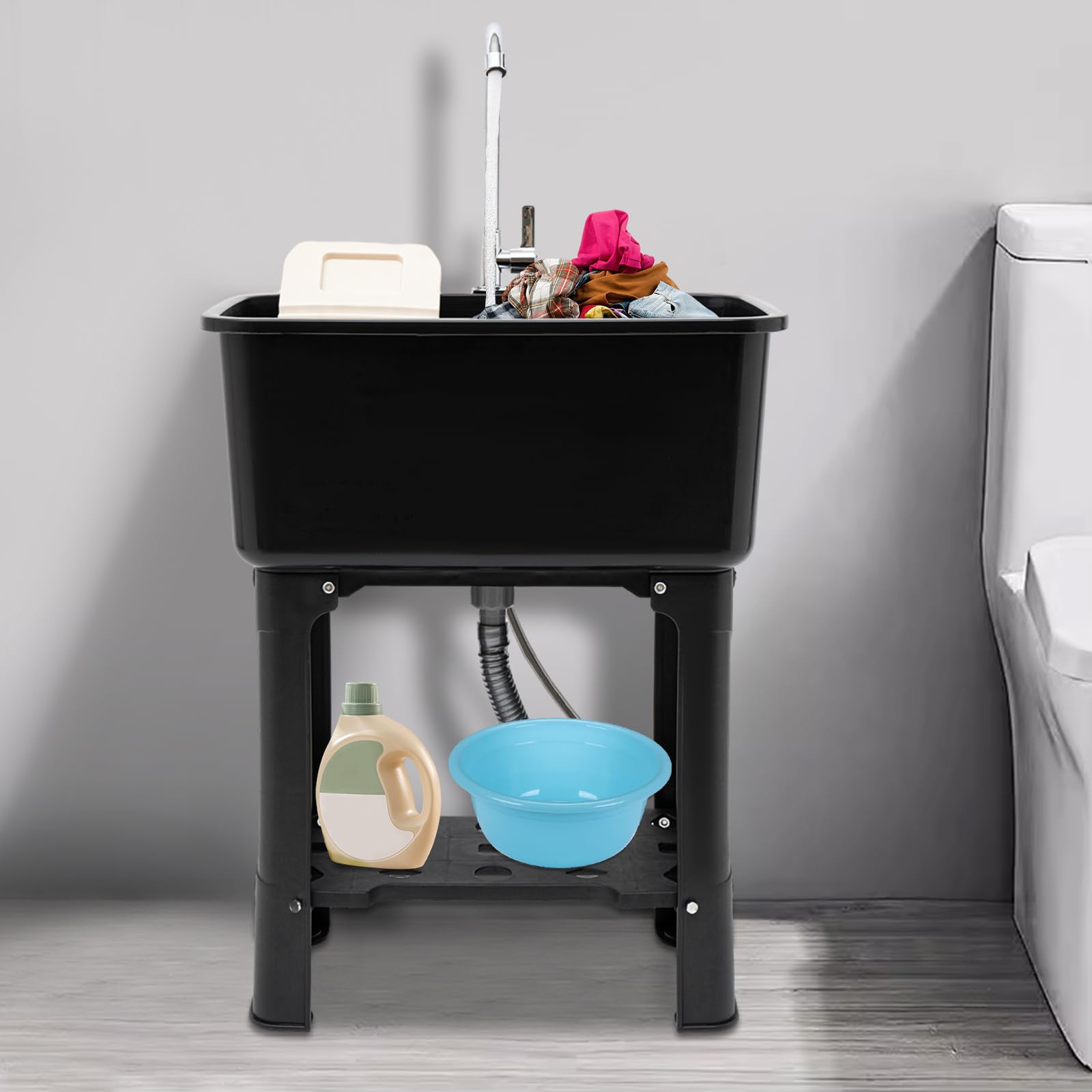 Utility Sink Laundry Tub with 360° Rotating Faucet - Heavy Duty Indoor/Outdoor Freestanding Sink with Drain Kit & Hoses - Perfect for Laundry Room, Garage, Garden & Workshop Cleaning