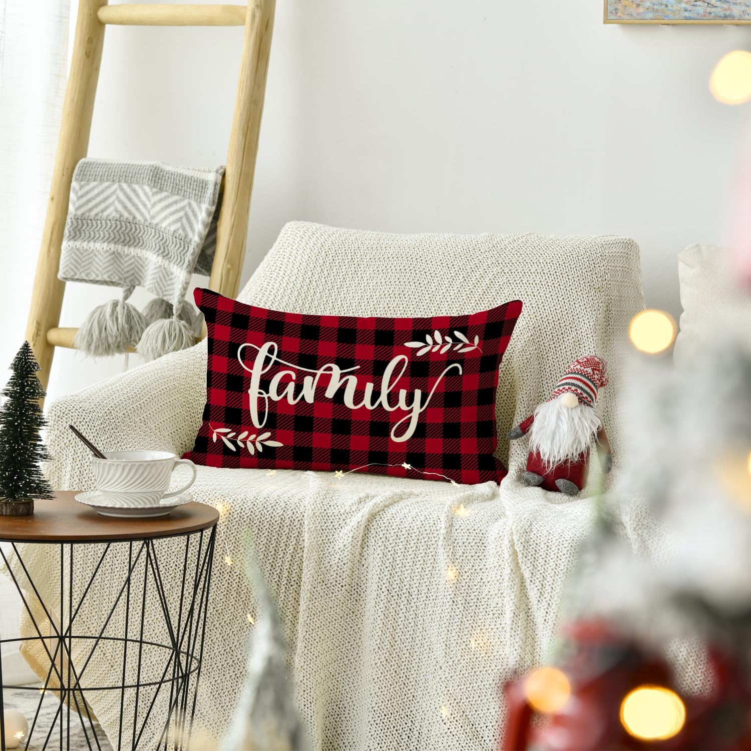 AVOIN Christmas Family Pillow Cover - Buffalo Plaid Holiday Cushion Case 12x20 Inch for Sofa, Couch & Home Decor - Perfect for Winter, Xmas Decorations & Cozy Living Room Ambience