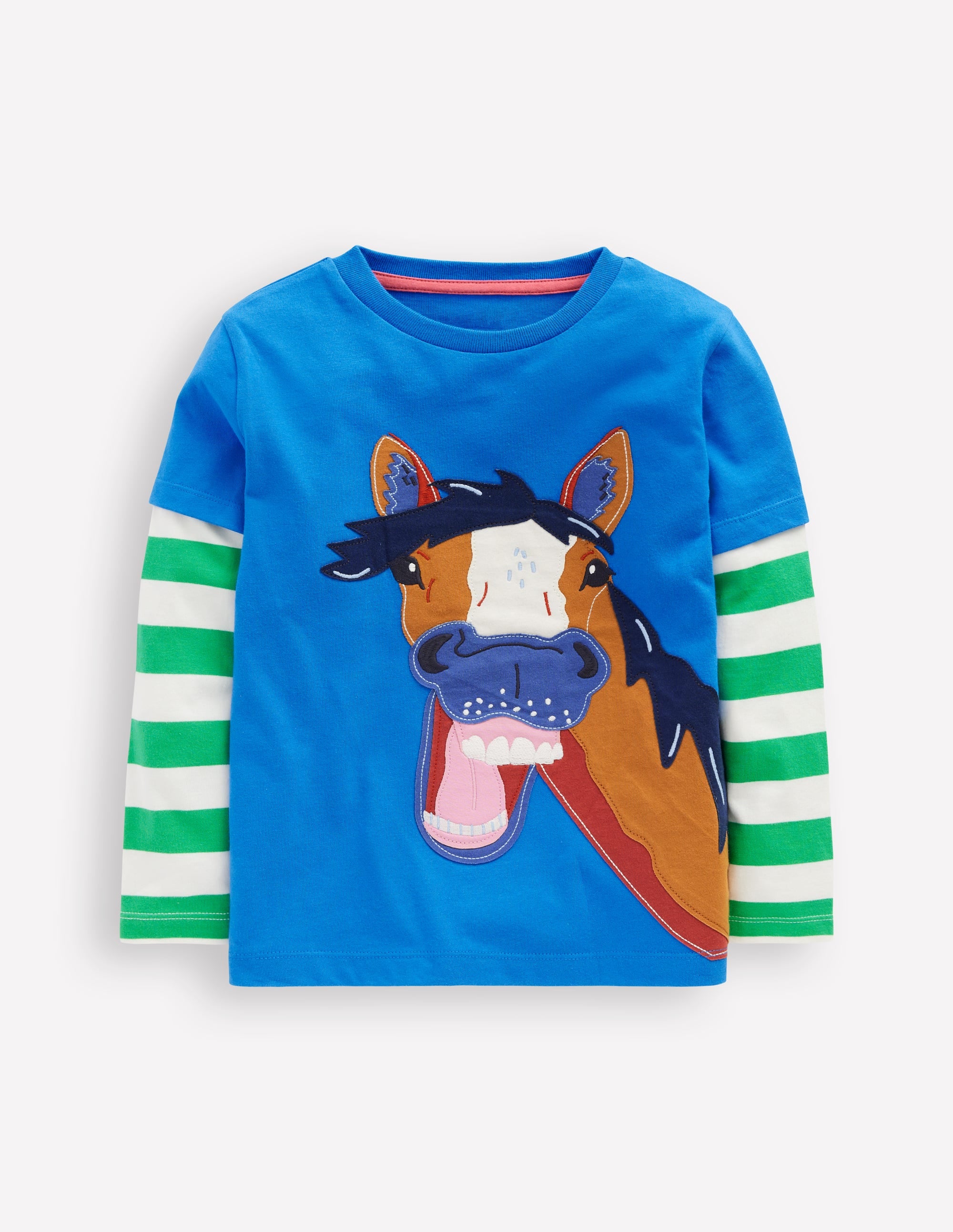 Applique Mock Sleeve T-Shirt - Kingfisher Blue Horse Print Top for Women | Casual Wear, Summer Outfits & Boho Style Fashion