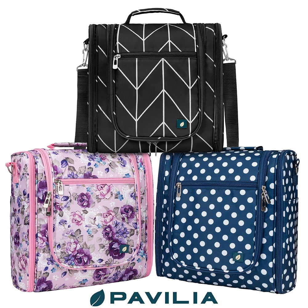 PAVILIA Large Hanging Toiletry Bag - Waterproof Travel Cosmetic Organizer for Women & Men - Floral Pink for Trips & Gyms