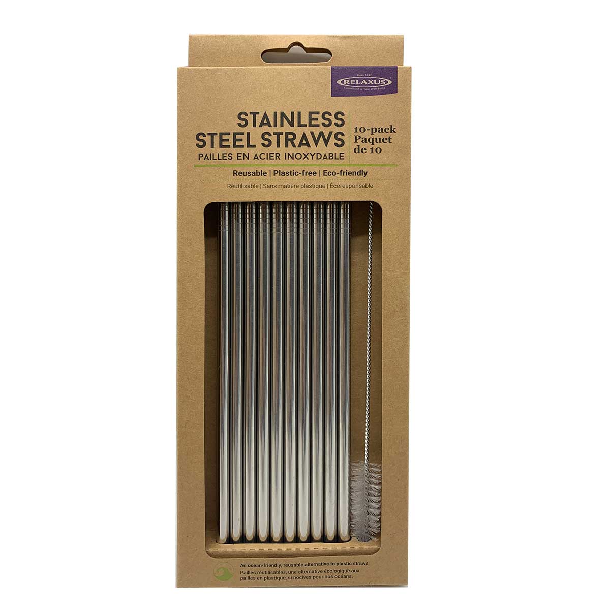 RELAXUS 10 Pack Reusable Stainless Steel Drinking Straws - BPA Free, Eco-Friendly Metal Straws for Smoothies, Iced Coffee & Cocktails at Home, Office or Travel