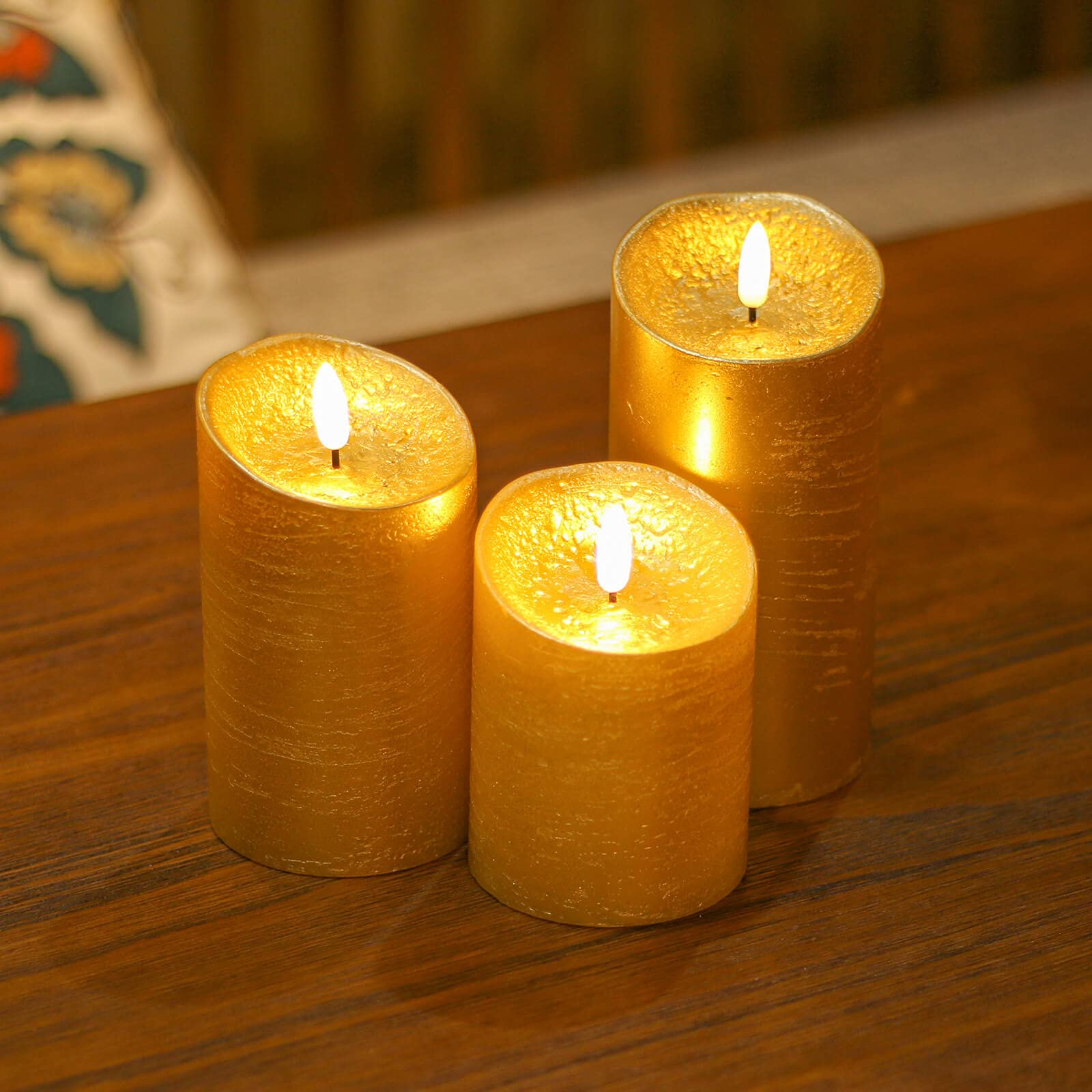 Flicker-Free Flameless LED Candles with Timer & Remote Control - Set of 3 Battery Operated Decorative Candles for Christmas, Home Decor, Weddings & Romantic Dinners - Gold Finish