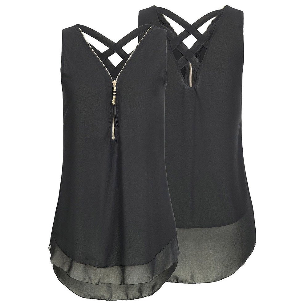 Women's Loose Sleeveless Cross Back Tank Top with V-Neck & Layered Hem - Casual Summer T-Shirt for Beach, Yoga, and Everyday Wear