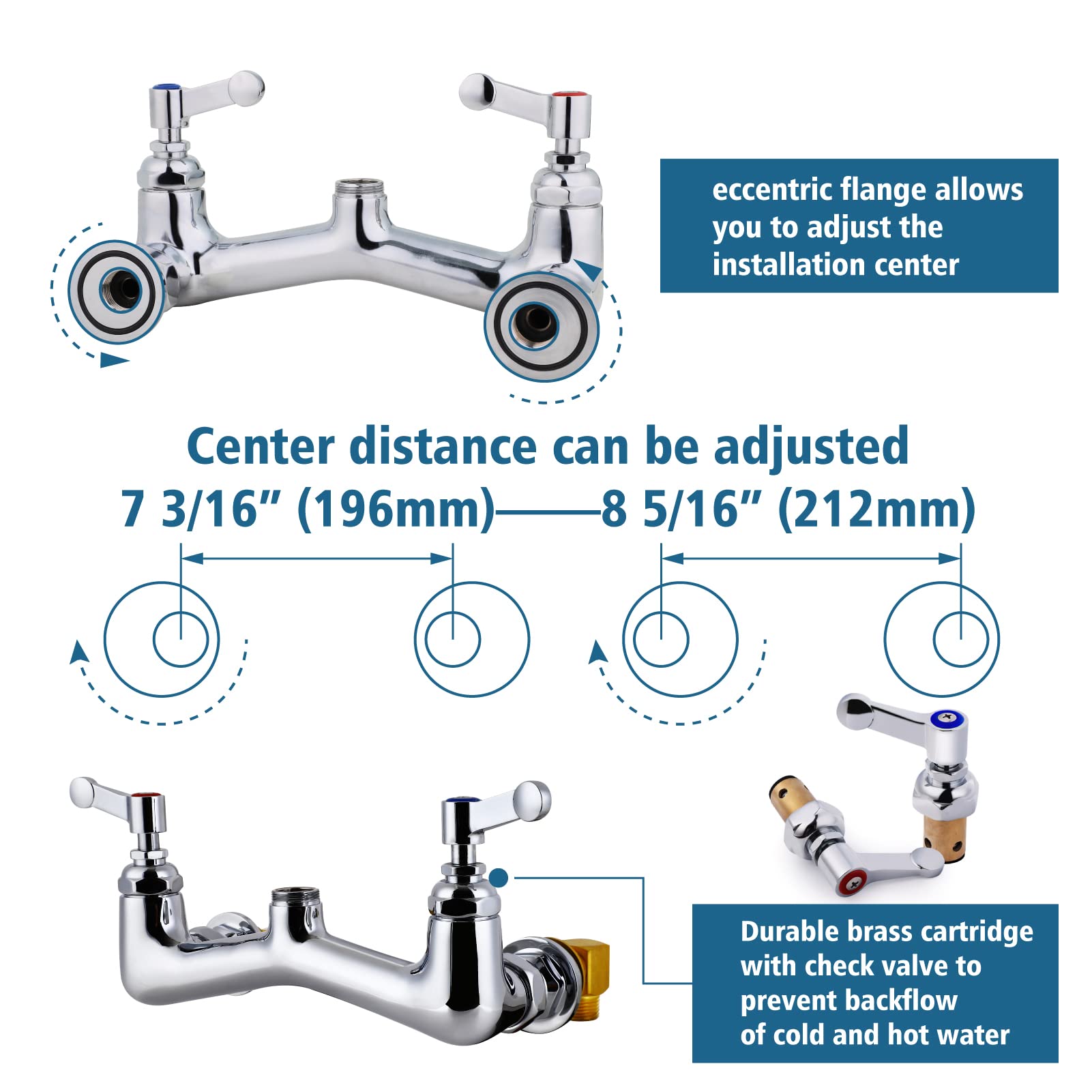 Commercial Sink Faucet Wall Mount 8 Inch Adjustable Center with 3/4'' Garden Hose End - Heavy Duty Stainless Steel Restaurant Kitchen Faucet with 12