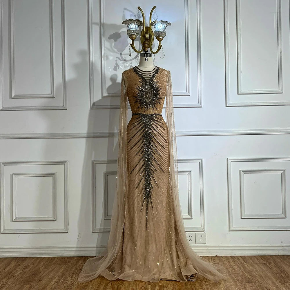 Elegant Caramel Beaded Evening Gown with Cape Sleeves - LA72940 | Formal Party Dress for Women | Perfect for Galas, Weddings & Red Carpet Events