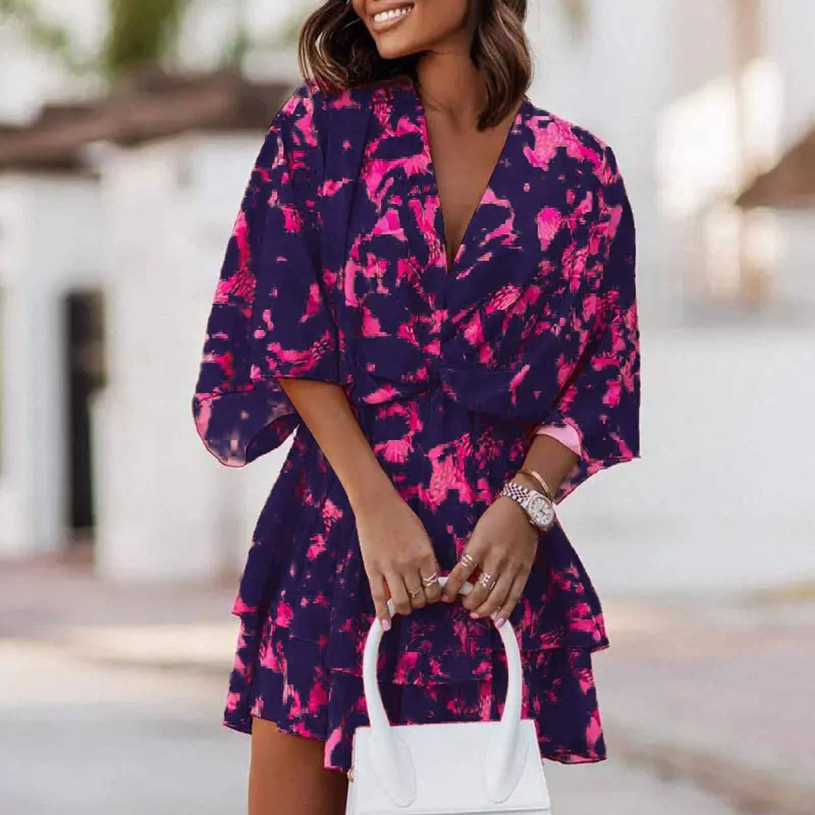 Plus Size Summer Dresses for Women - V-Neck Loose Batwing Sleeve Elastic Waist Printed Mini Romper | Beach Vacation, Casual Outing, Date Night Outfit