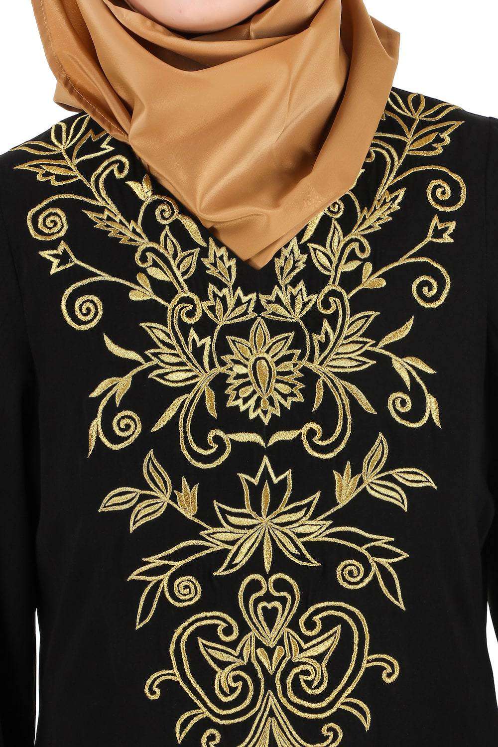 Elegant Gold Floral Embroidered Abaya Dress for Women - Modest Islamic Clothing for Eid, Wedding & Special Occasions