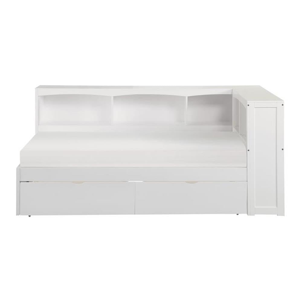 Pemberly Row Transitional 5-Shelf Wood Twin Bookcase Corner Bed in White - Perfect for Kids Bedroom, Nursery or Small Space Storage Solution