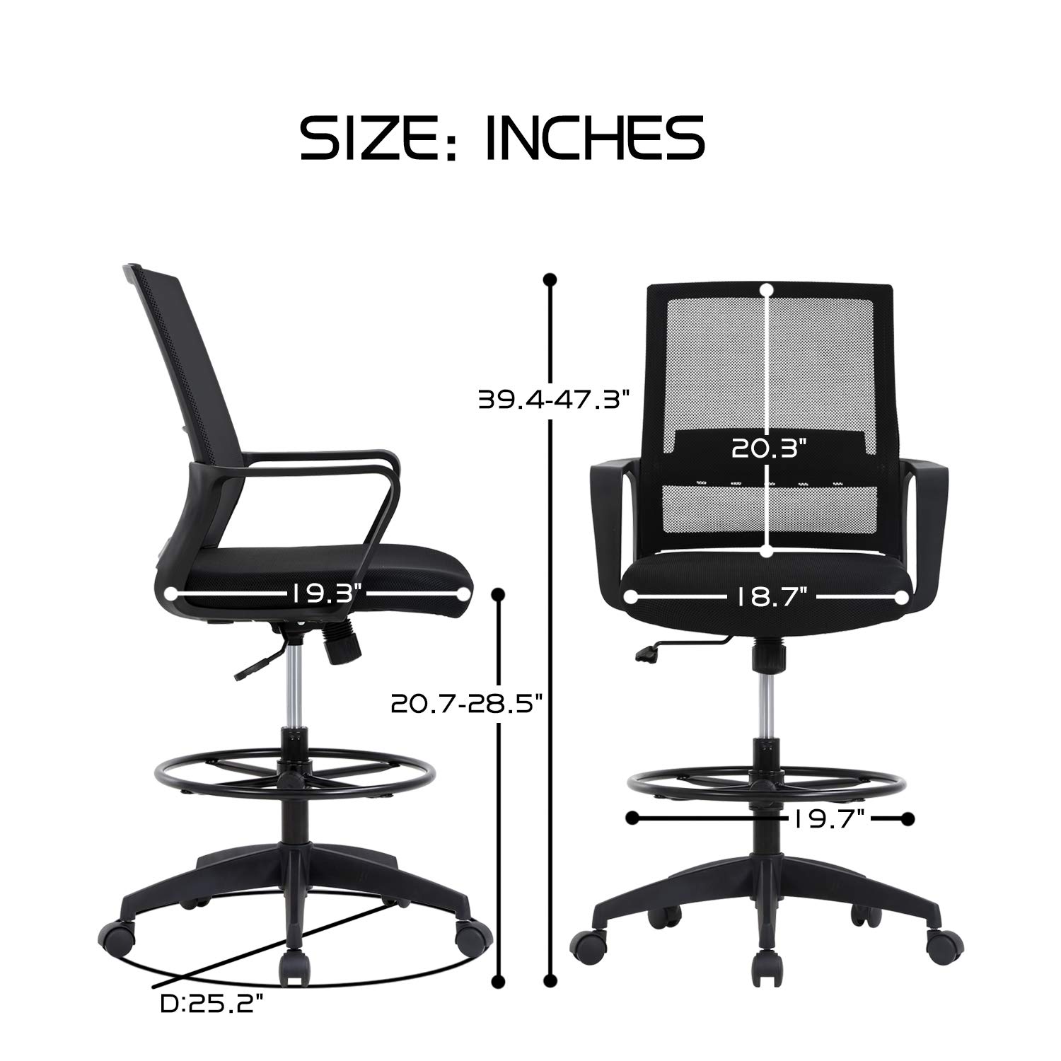 Ergonomic Adjustable Height Drafting Chair with Lumbar Support & Foot Ring - Mid Back Mesh Office Chair for Home & Workstation - Perfect for Architects, Designers & Long Hours Computer Work (Black)