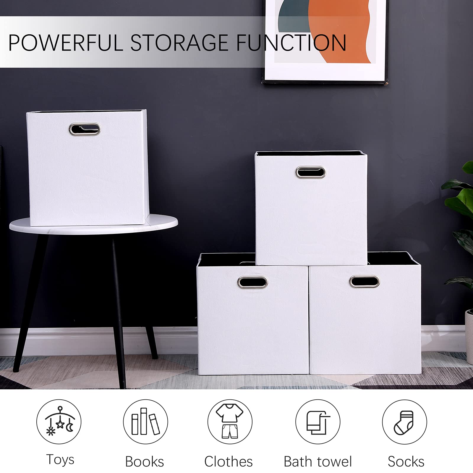 Foldable Cube Storage Bins Set of 4 - 13×13 Inch Large Capacity Polyester Organizer Baskets with Handles for Closet, Shelf, Cabinet, Bookcase & Bedroom Organization - Perfect for Home, Office & Kids Room Storage (White)