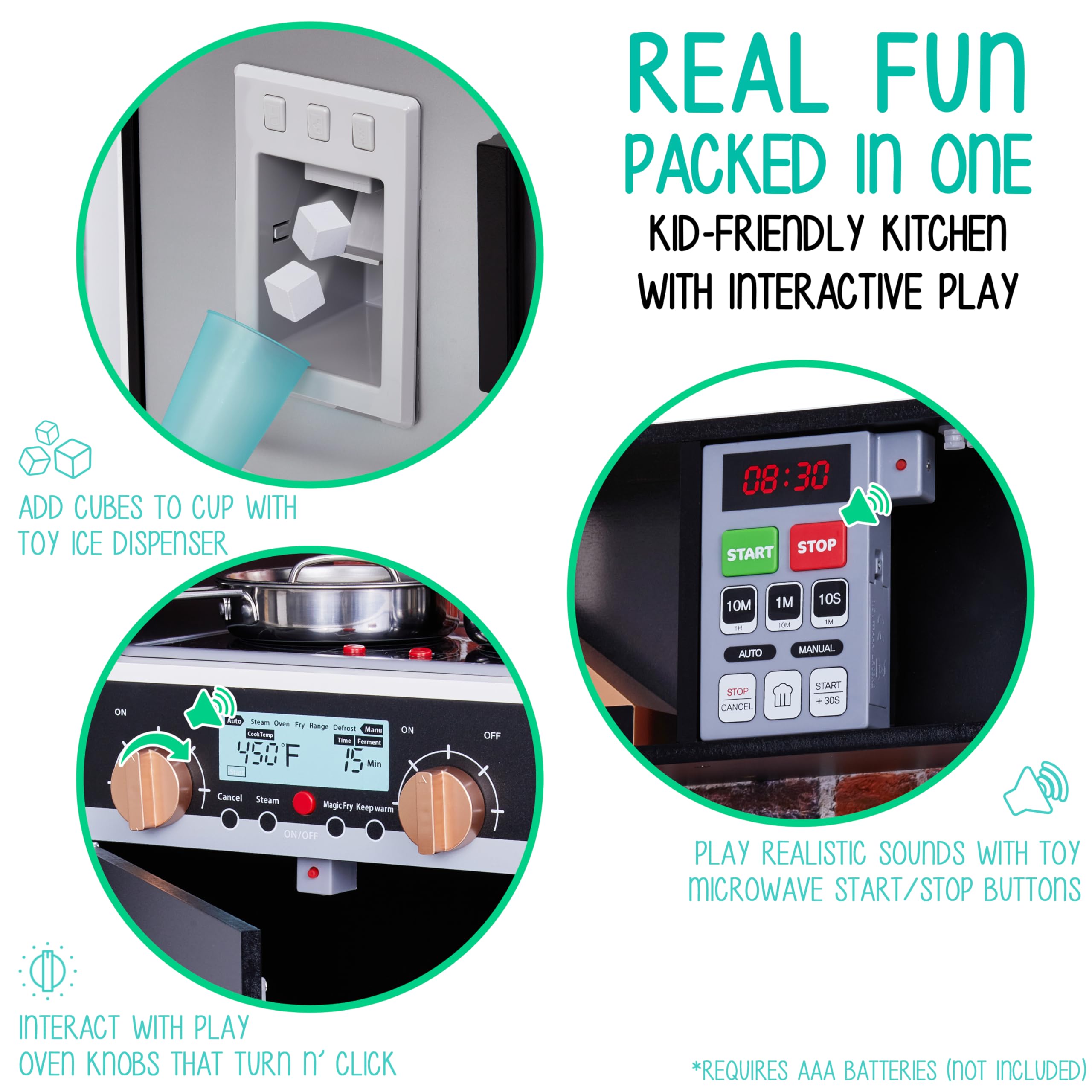 Lil' Jumbl Kids Wooden Play Kitchen Set with Realistic Sounds & Lights - Battery Operated Icemaker, Microwave, Stove, Oven & Range Hood - Includes Pots, Pans & Utensils - Perfect for Pretend Cooking & Role Play Games for Toddlers & Preschoolers