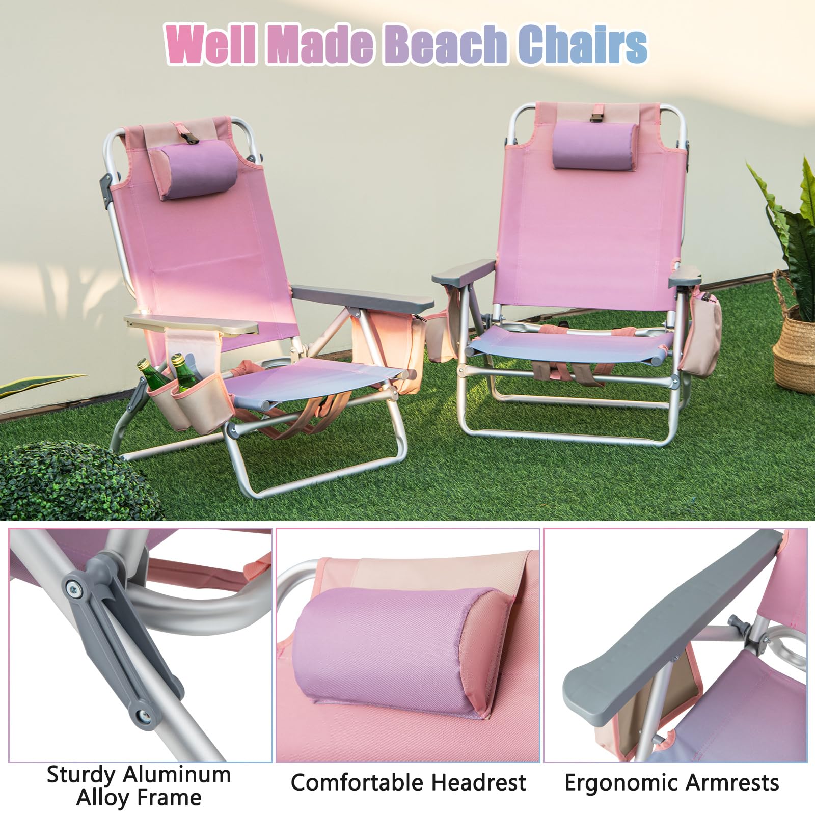 GYMAX 2-Pack Portable Beach Chairs with Cooler Bag & Cup Holder - Lightweight Folding Camping Chairs with Armrests, Towel Bar & Side Pockets for Outdoor, Backyard, Pool Party, Beach Sunbathing (Pink)