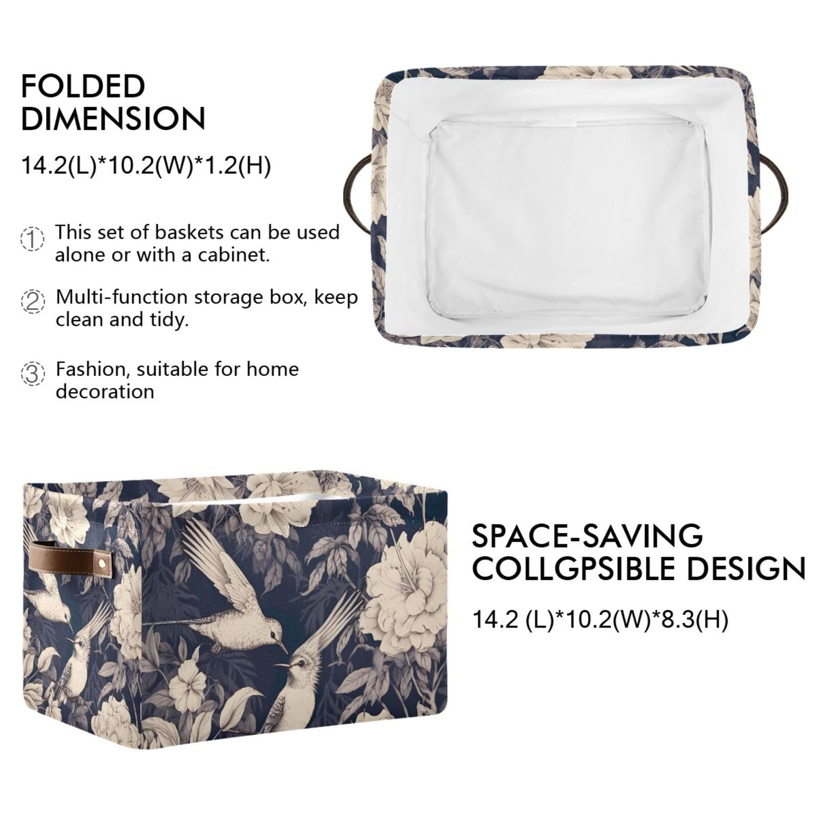 2PCS Large Foldable Storage Baskets with Floral Hummingbird Design - Collapsible Fabric Bin Cube Organizer for Home, Closet, Nursery & Office Organization