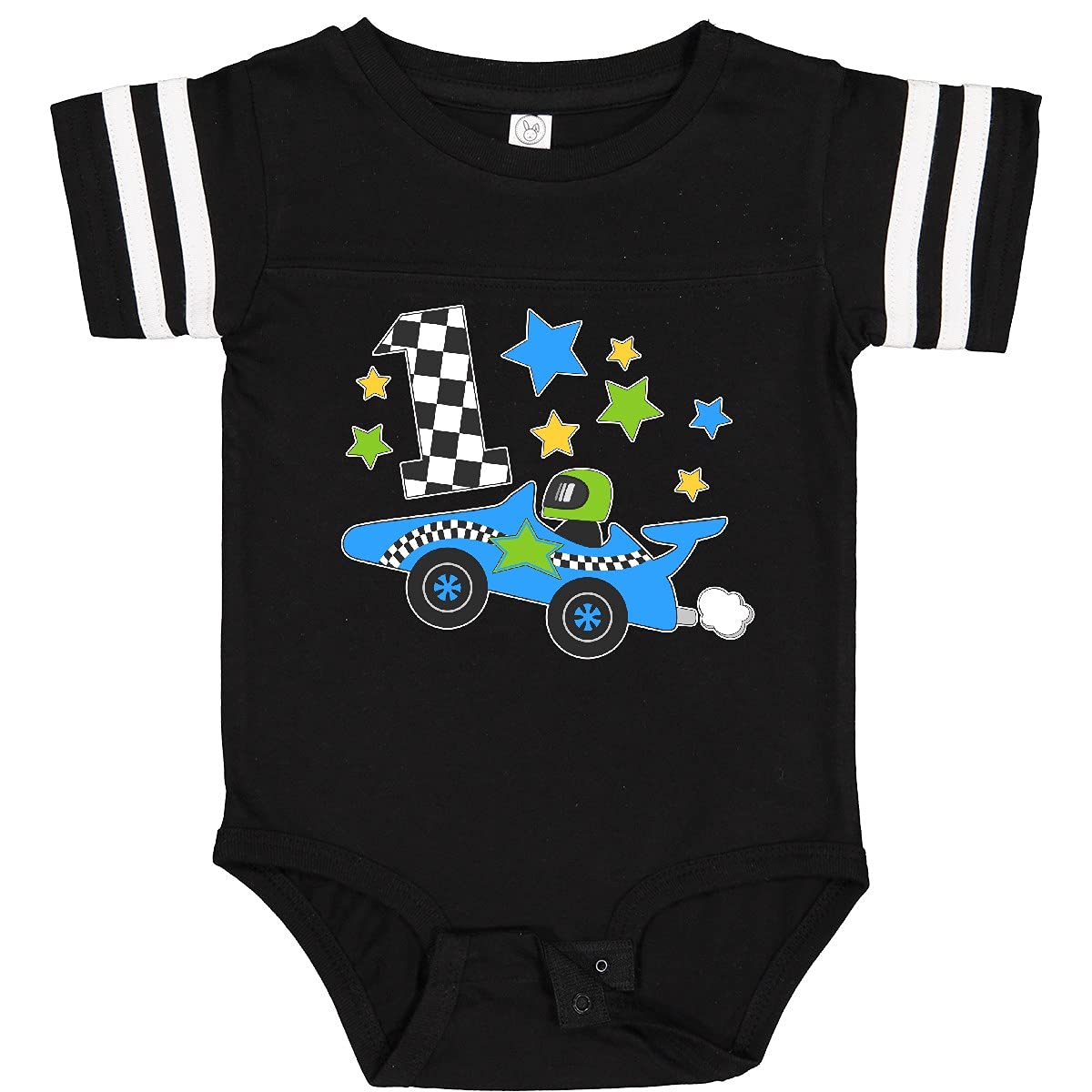Inktastic Happy 1st Birthday Blue Racing Car Baby Bodysuit - Cute 1 Year Old Outfit for Boys, Birthday Party, Photo Shoots & Special Occasions