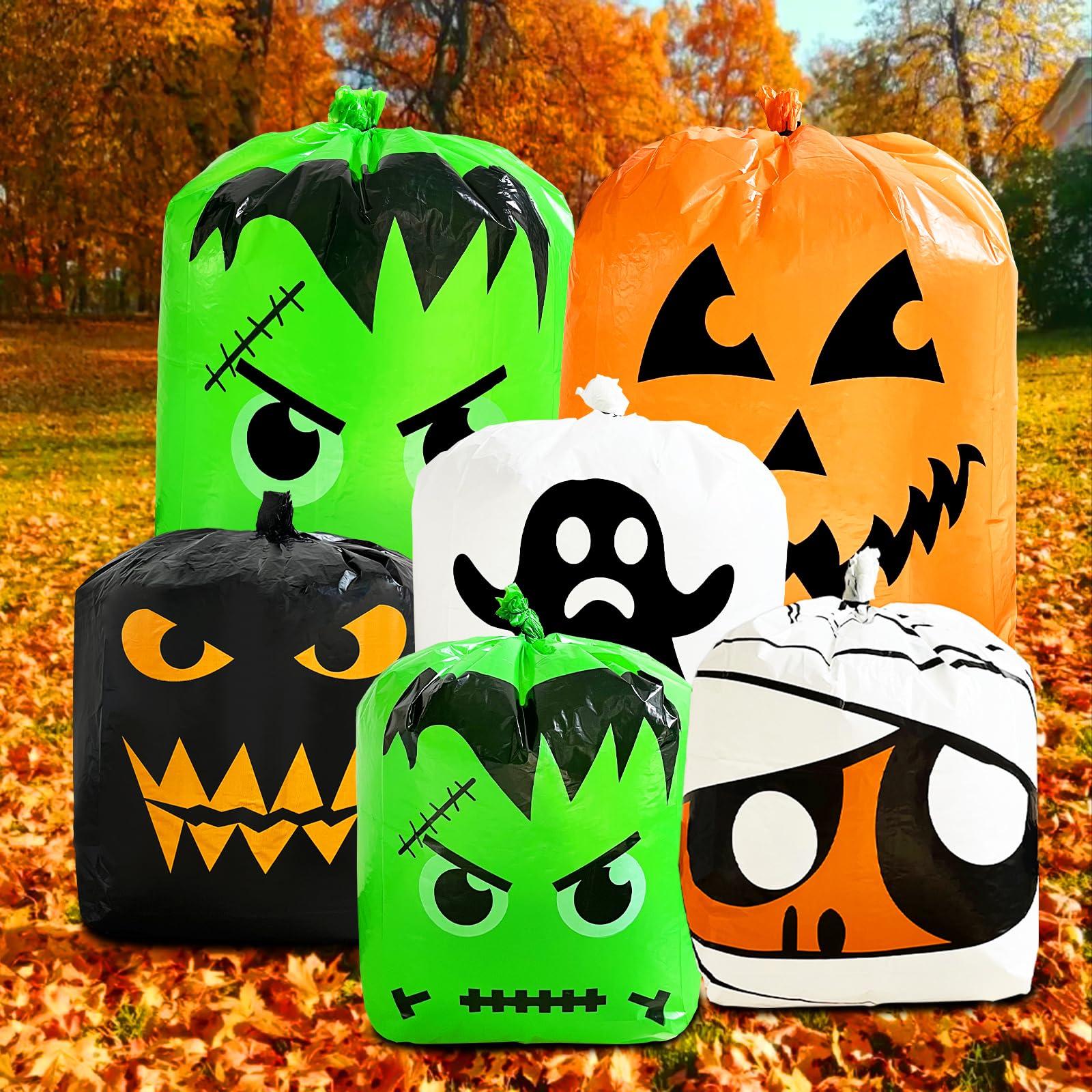 6-Piece Halloween Pumpkin Leaf Bags Set - 5 Spooky Designs for Outdoor Decor (2 Large 48x36