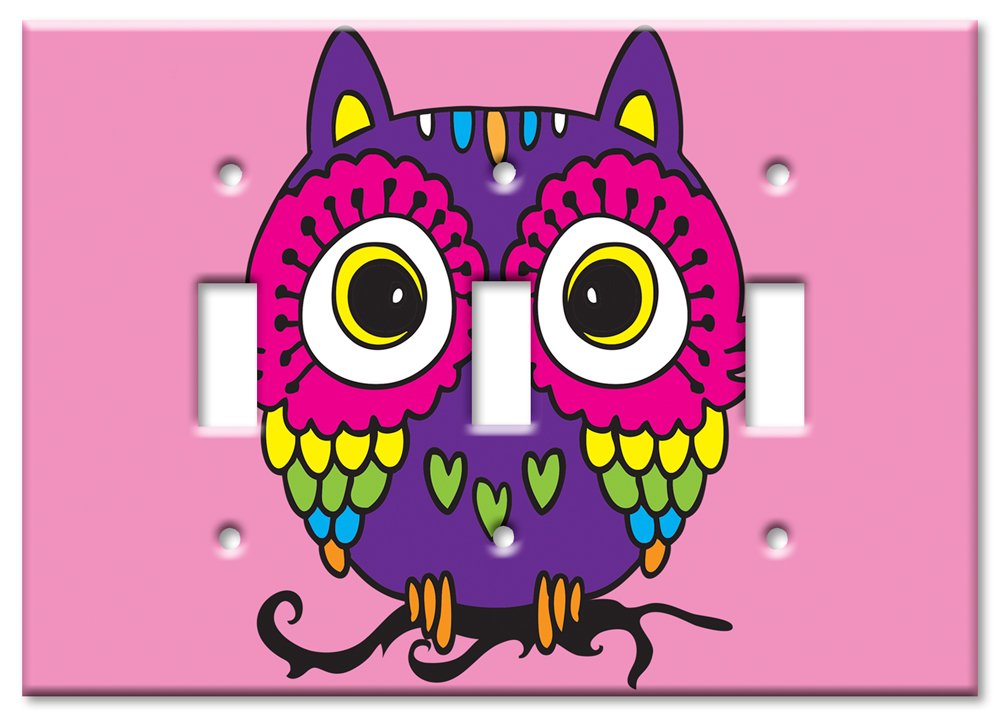 Triple Gang Oversized Toggle Switch Plate - Decorative Metal Wall Plate in Pink Owl Design - Made in USA | Perfect for Home Decor, Nursery, Kids Room & Vintage Style Interiors