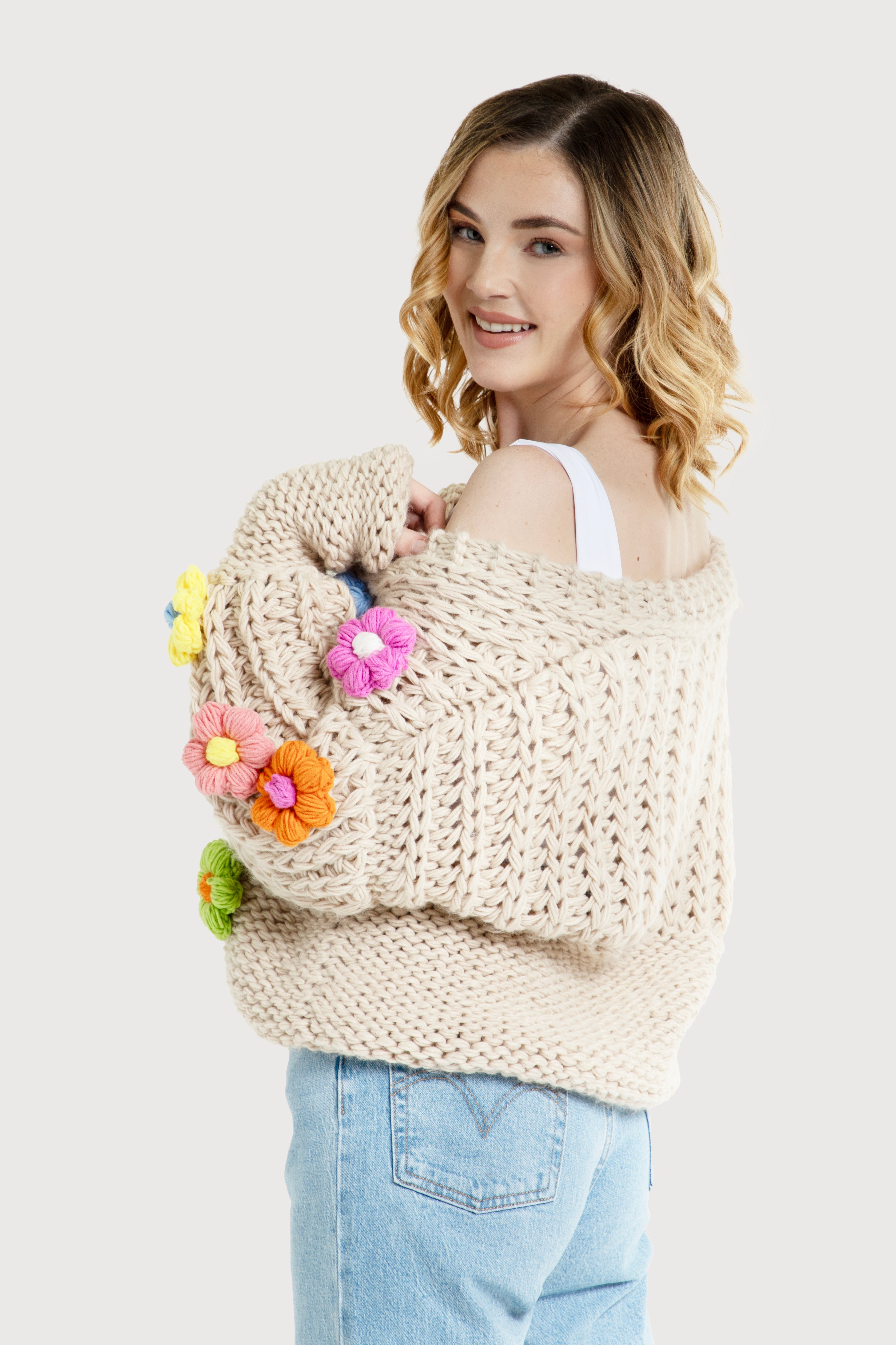 Floral Appliqué Knit Cardigan with Buttons - Elegant Lace-Up Sweater for Women - Perfect for Spring Outfits, Office Wear & Casual Dates