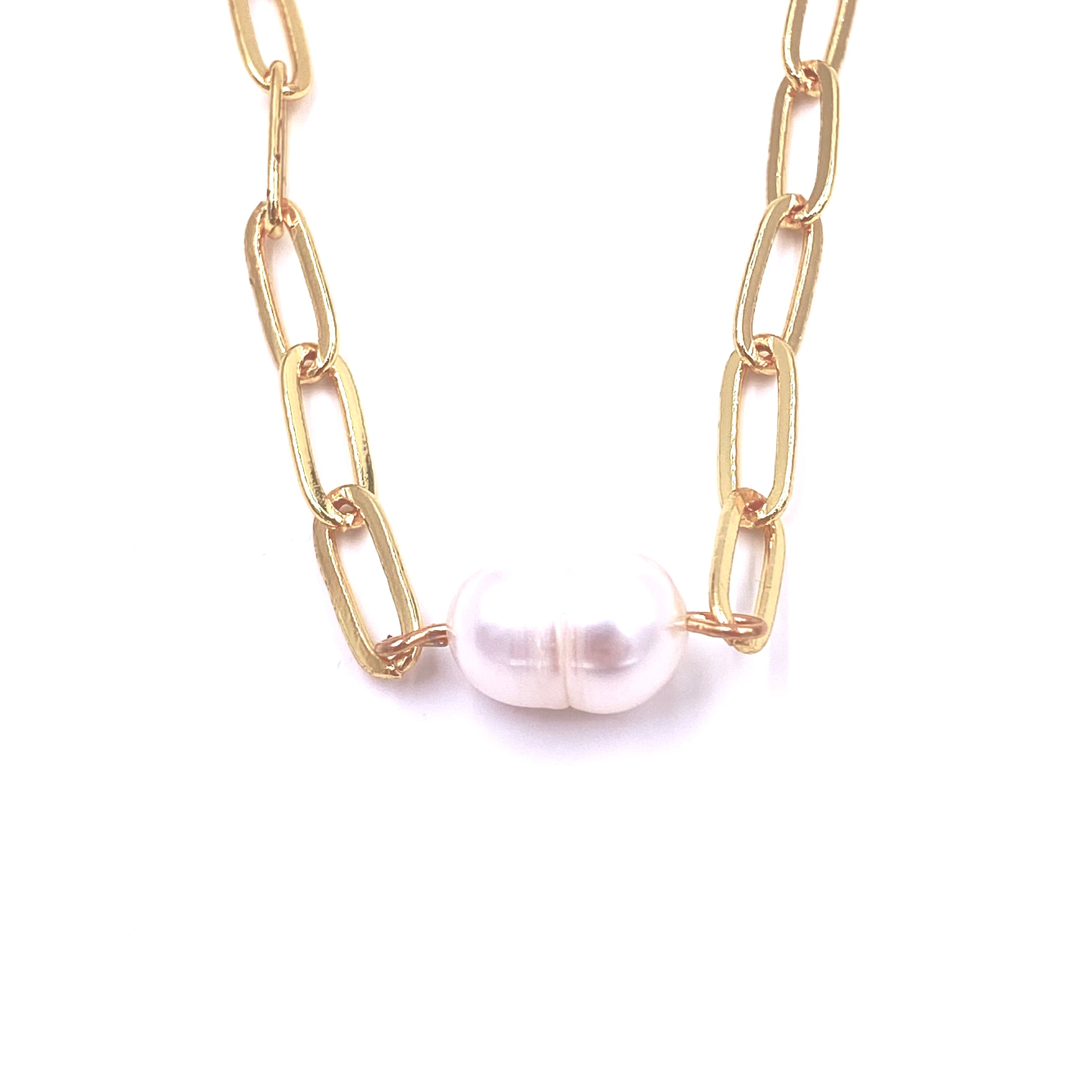 Ashley Gold Stainless Steel Single Pearl Design Link Chain Necklace - Elegant Jewelry for Women, Perfect for Parties, Weddings & Everyday Wear