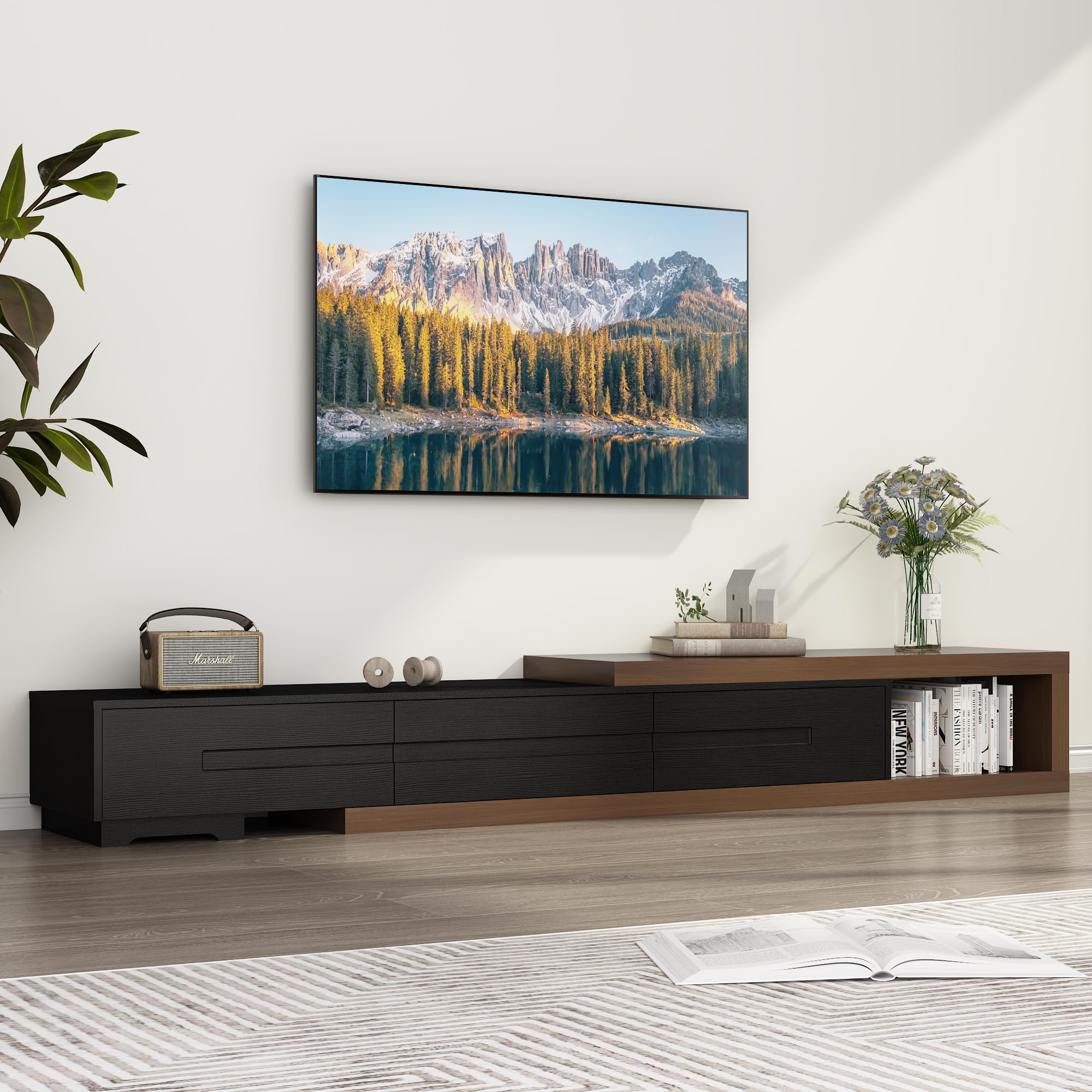 Extendable TV Stand for 82-110 Inch TVs - Modern Wood Reversible TV Media Console with 3 Drawers - Entertainment Center for Living Room & Bedroom (Black & Walnut) - Perfect for Home Theater Setup & Space-Saving Storage