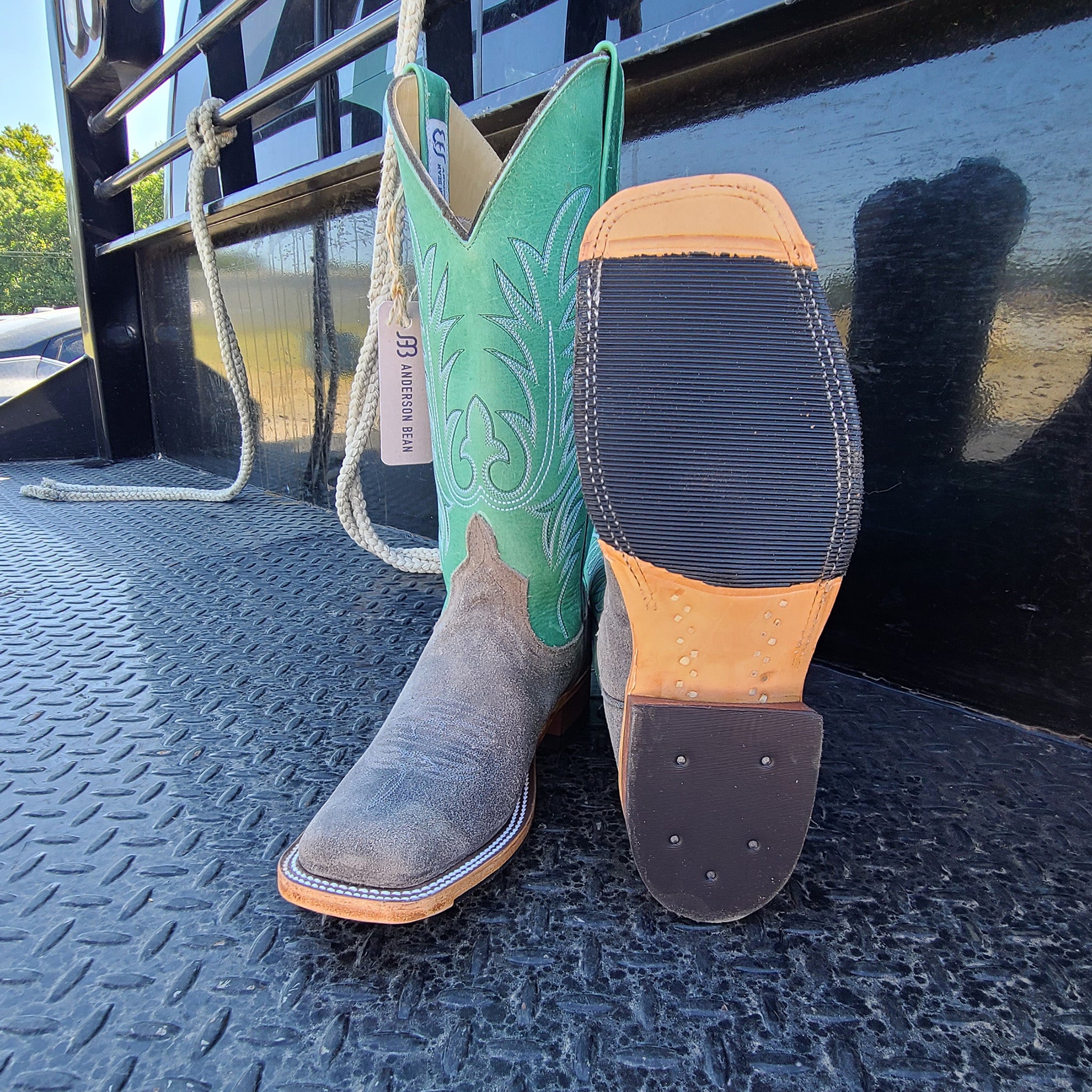 Anderson Bean Women's Stone & Mint Kudu Leather Square Toe Cowboy Boots - Perfect for Western Rides, Country Dancing & Fashion Outfits