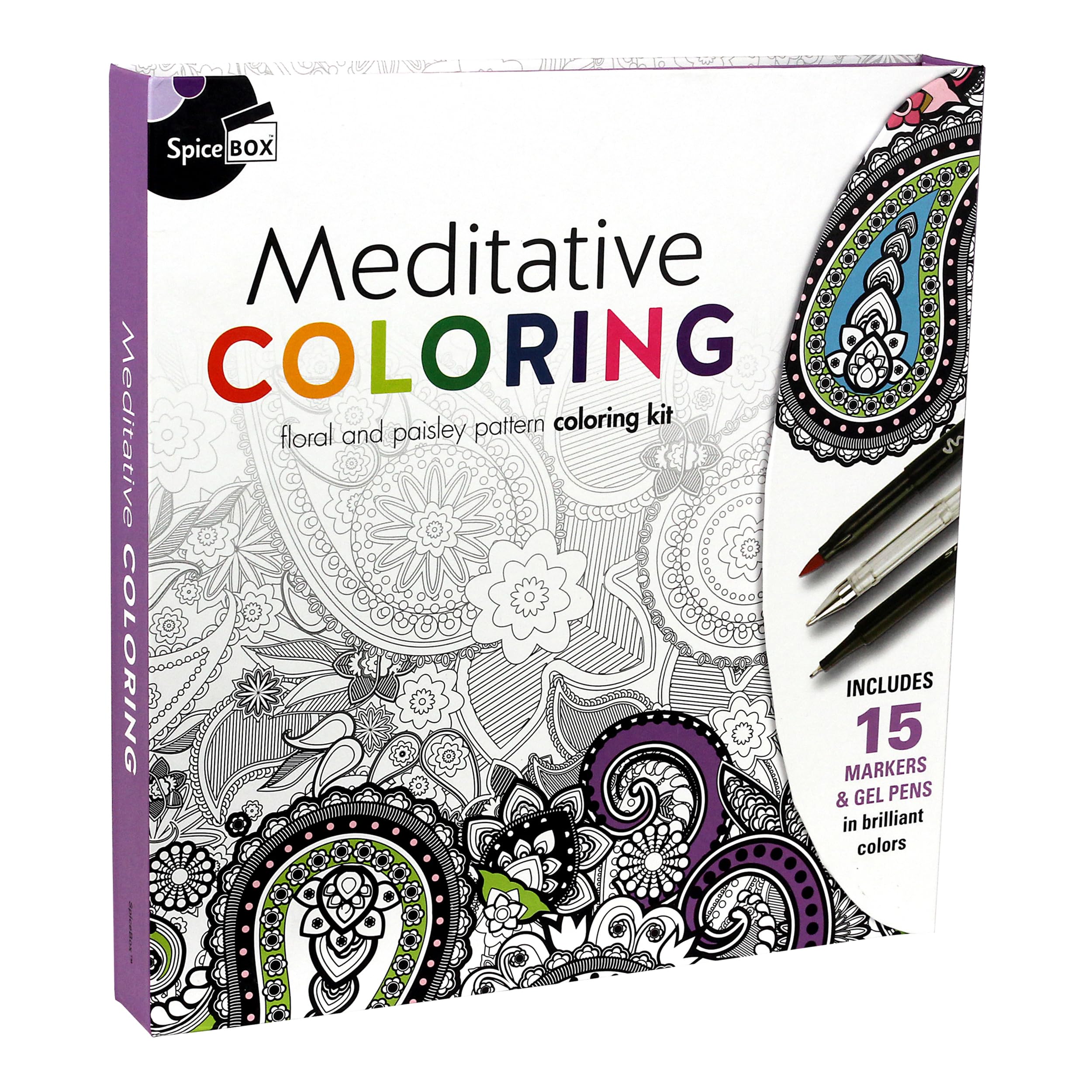 SpiceBox Meditation Paisley & Floral Adult Coloring Book Set with Markers & Gel Pens - Relaxing Mindfulness Art Therapy Kit for Stress Relief, Anxiety & Creative Expression - Perfect for Home Relaxation, Yoga Sessions & Mindful Gift Giving