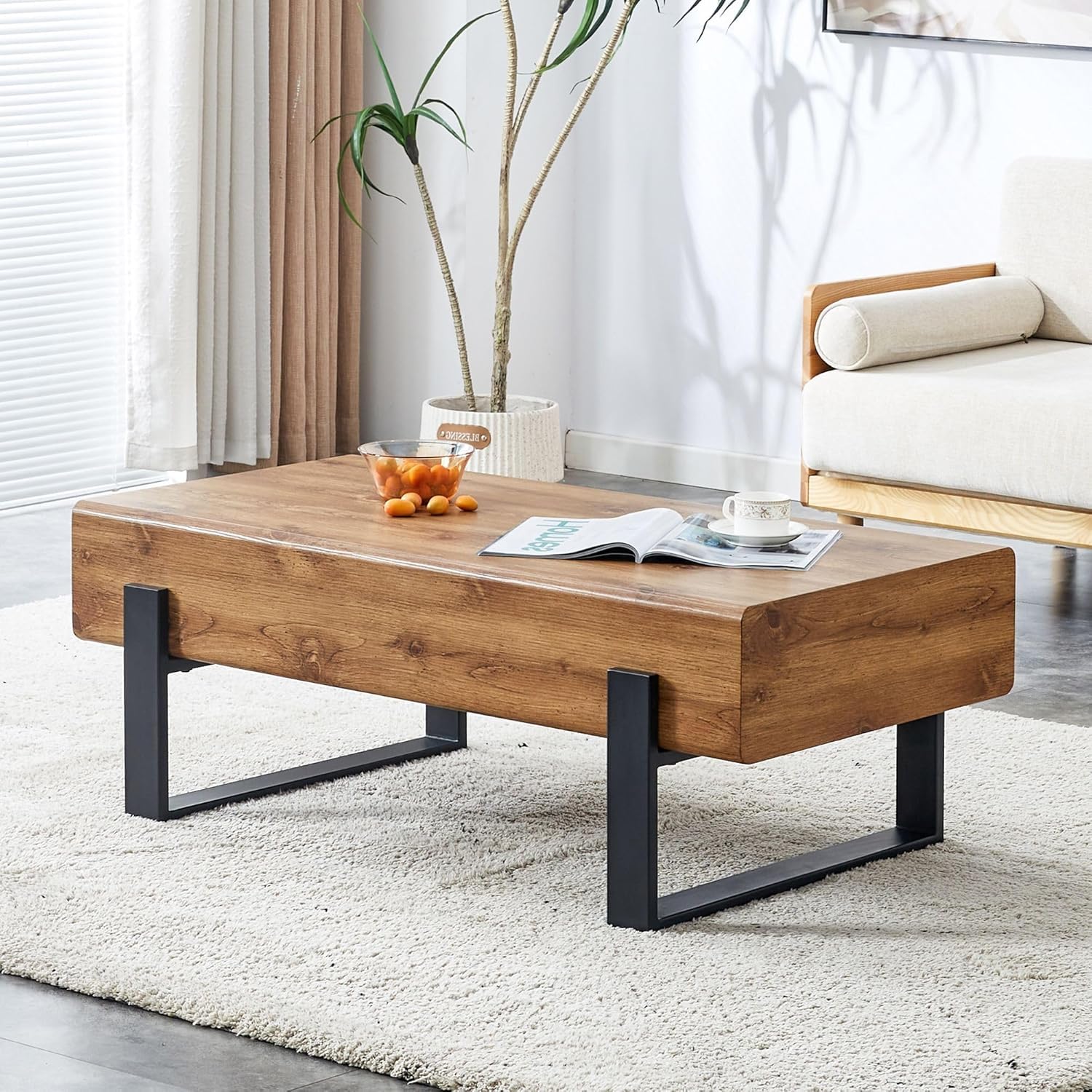 Rustic Rectangle Coffee Table - Modern Farmhouse Wooden Coffee Table with Sturdy Metal Legs, Living Room Center Table for Home Decor | Perfect for Farmhouse, Industrial & Contemporary Style Living Spaces