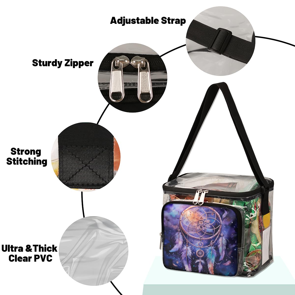 GzLeyigou Clear Transparent Tote Bag with Feather Dream Catcher Design - Crossbody Shoulder Bag for Women, Lunch Bag for Outdoor, Travel, Picnic, Concerts & Sports Events (Stadium Approved) - Perfect for Beach, Music Festivals & Shopping