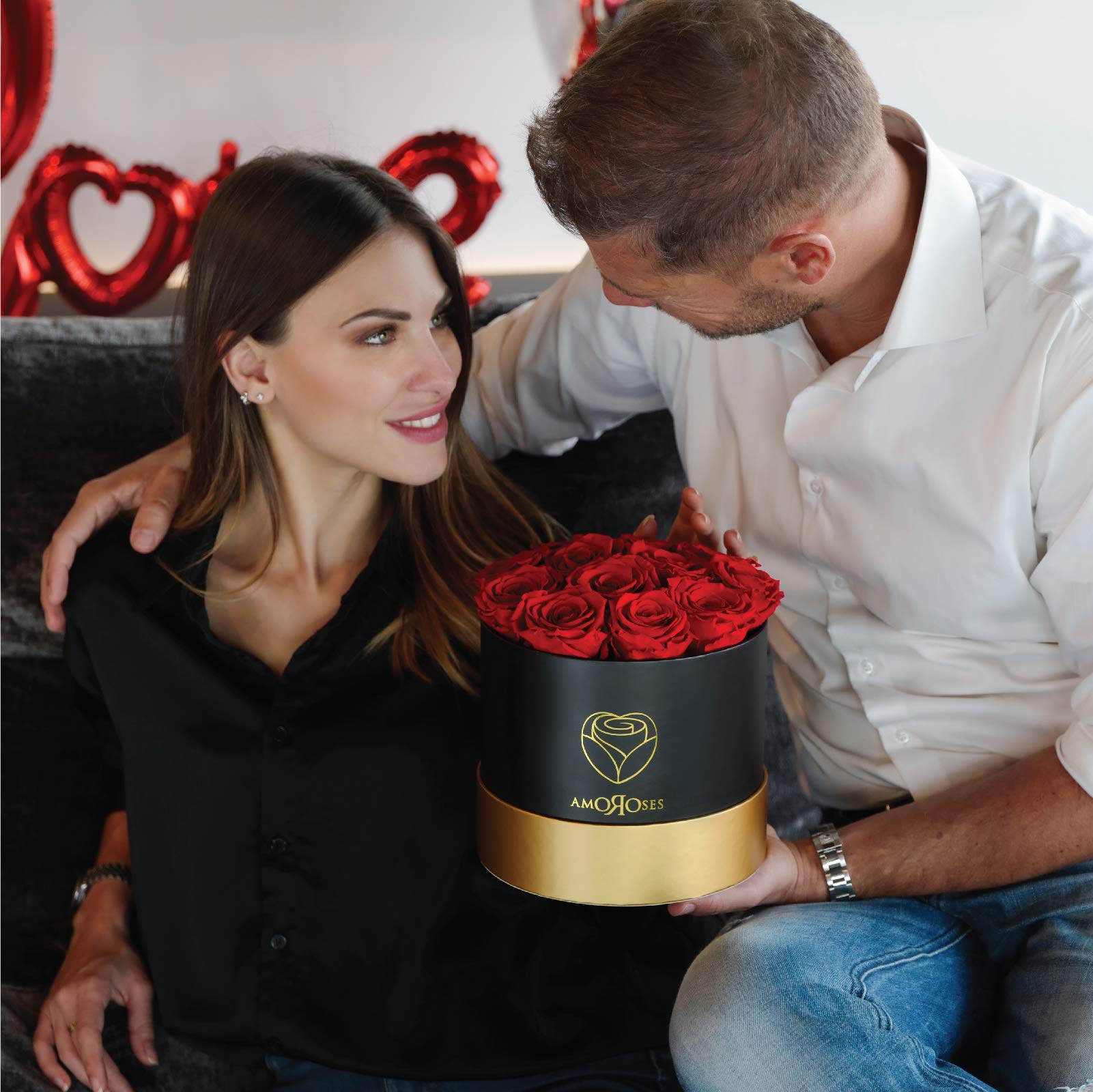 Amoroses 12 Preserved Real Roses Last for Years - Elegant Gift for Her, Valentine's Day, Anniversaries & Special Occasions (Black Box with Red Roses) - Perfect for Home Decor, Wedding Centerpieces & Romantic Surprises