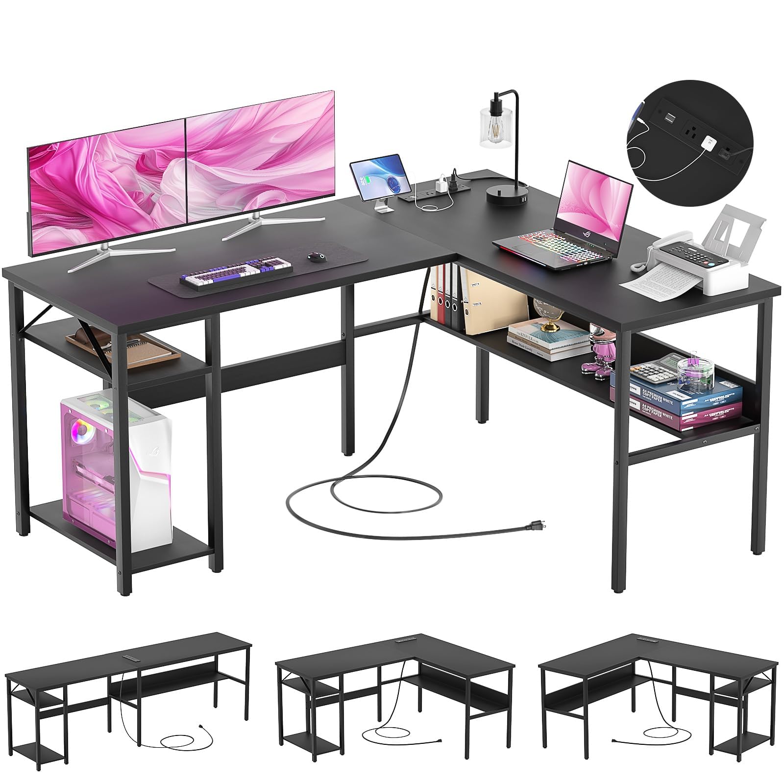 Reversible L-Shaped Computer Desk with Power Outlets & USB Ports - Sturdy Corner Desk with Storage Shelf - Modern Home Office & Gaming Desk - Easy Assembly - Black - Perfect for Small Spaces, Workstations & Gaming Setups