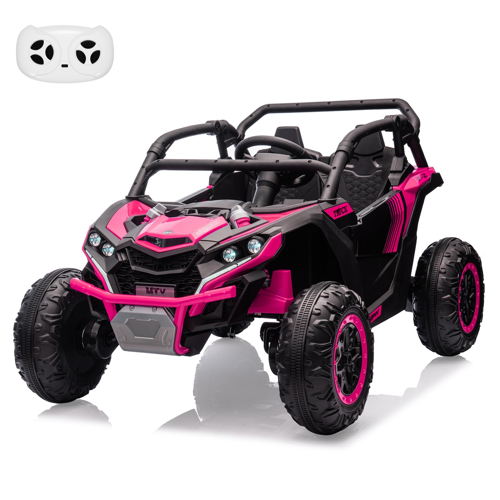 GARVEE 24V Kids Ride On UTV - 2 Seater 4WD Electric Truck with Parent Remote Control, Dual Speed Modes, LED Lights & Shock Absorbers | One-Touch Start, Built-in Music Player (Rose Pink) - Perfect for Outdoor Adventures, Backyard Play & Birthday Gifts for Boys & Girls Ages 3-8