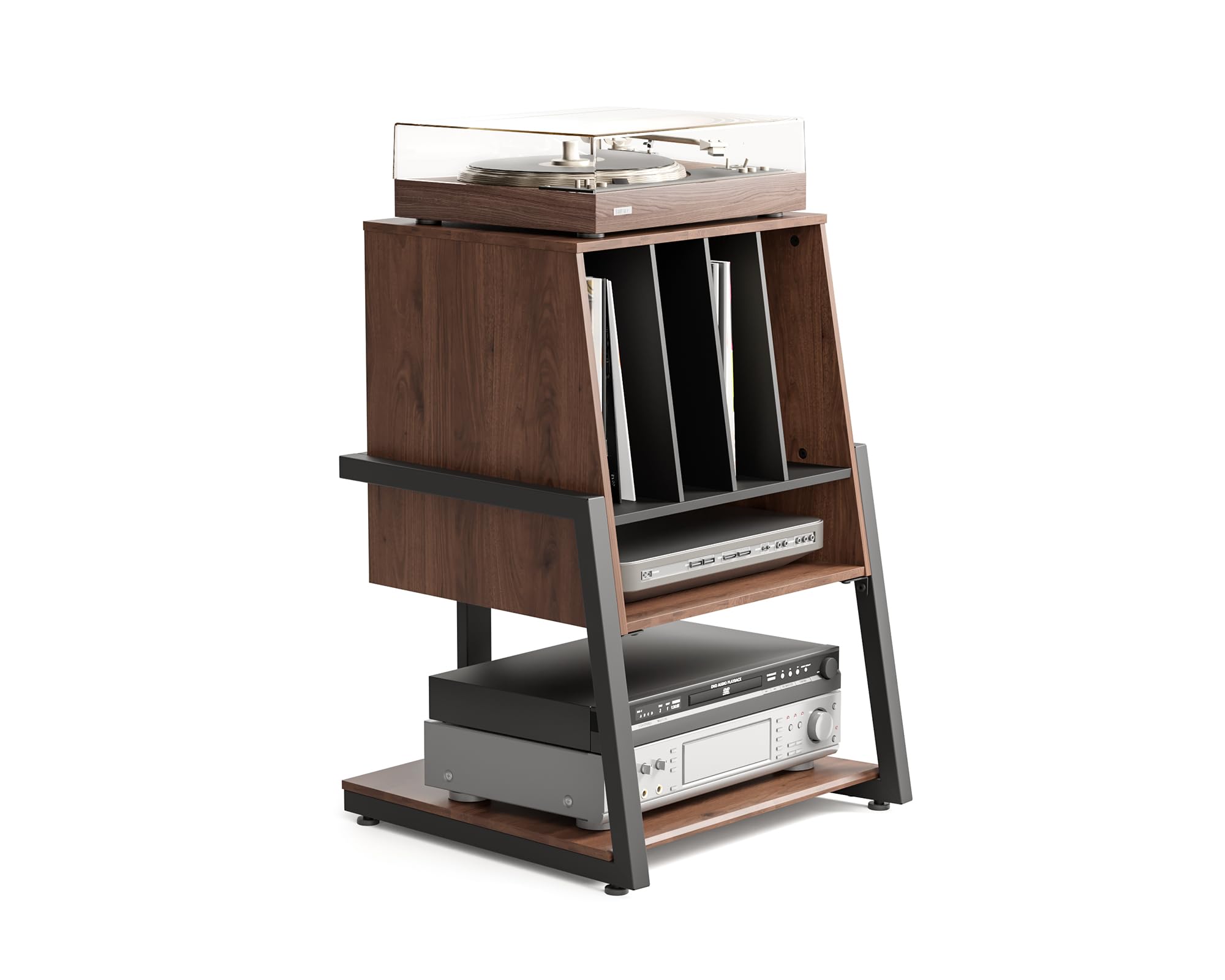 FITUEYES Eiffel Series Vinyl Record Player Stand with Storage - Holds 120 Records, Turntable Stand with Built-in Charging Station, Compact Entertainment Center for Living Room | Perfect for Music Lovers & Small Space Decor