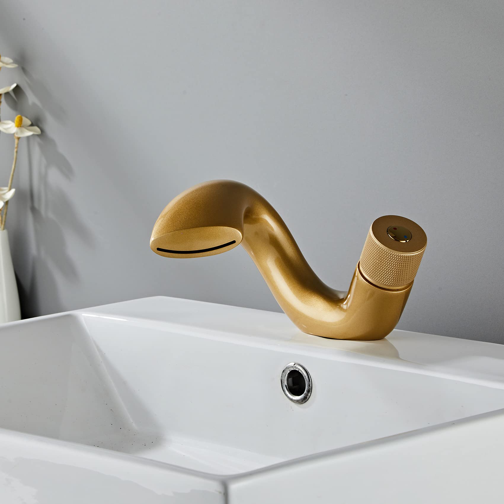 Wovier Matte Gold Waterfall Bathroom Sink Faucet - Single Handle Single Hole Lavatory Faucet with Supply Hose, Slanted Body Basin Mixer Tap for Commercial & Home Use - Perfect for Modern Bathrooms, Restaurants, and Hotels
