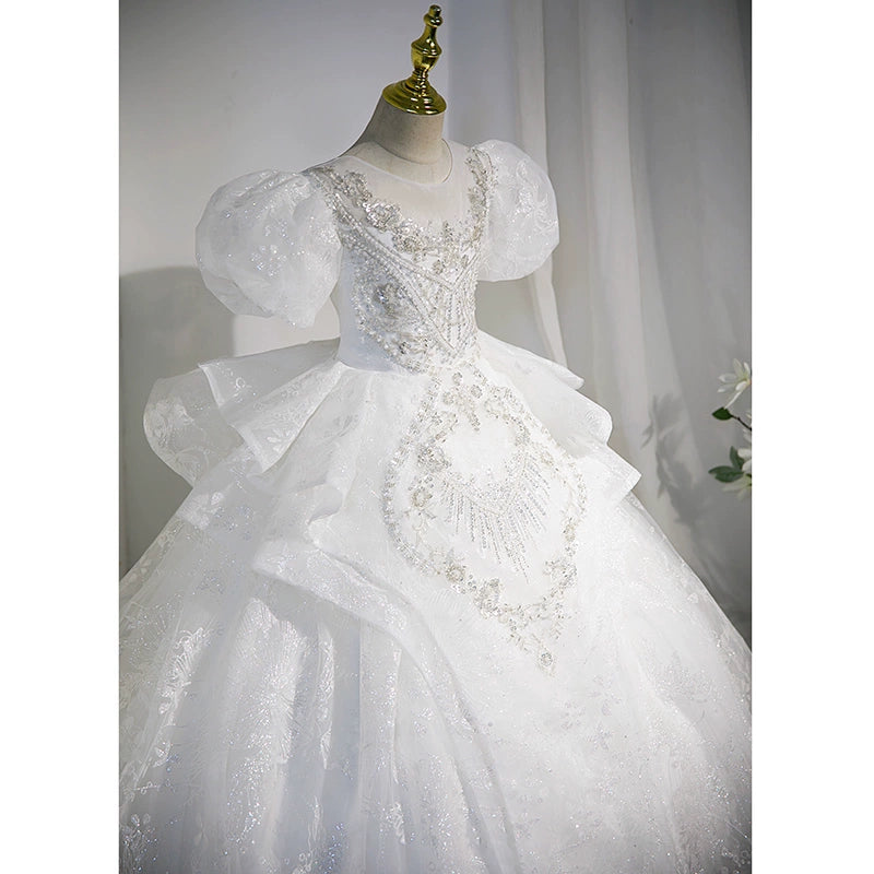 Sparkling White Princess Round Floor Length Sequined Flower Girl Dress for Weddings, Pageants & Special Occasions