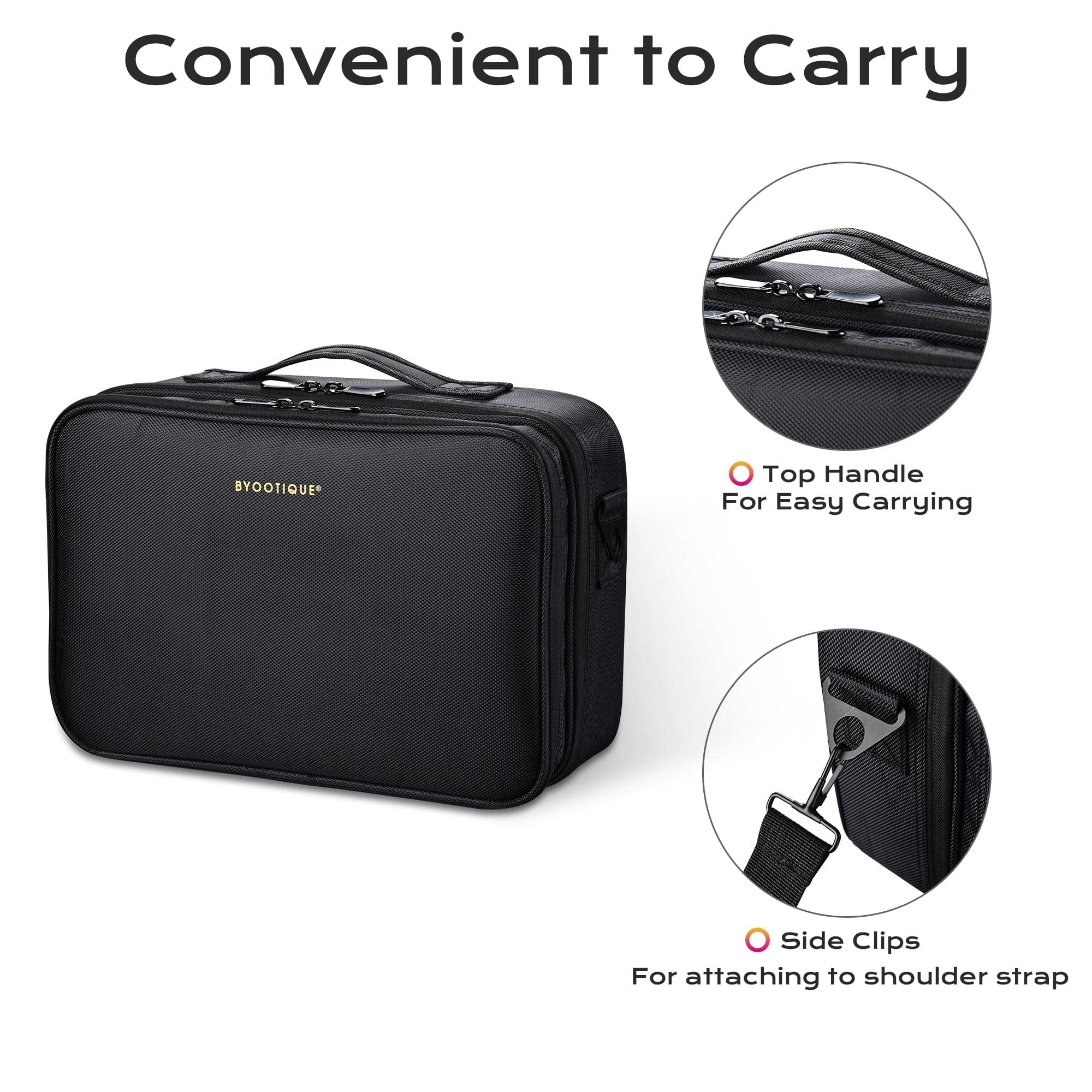 AW Medium Travel Makeup Bag with Adjustable Dividers & Shoulder Strap - Portable Cosmetic Organizer for Brushes, Makeup & Toiletries - Perfect for Backpacking, Train Travel & Daily Use (Black)